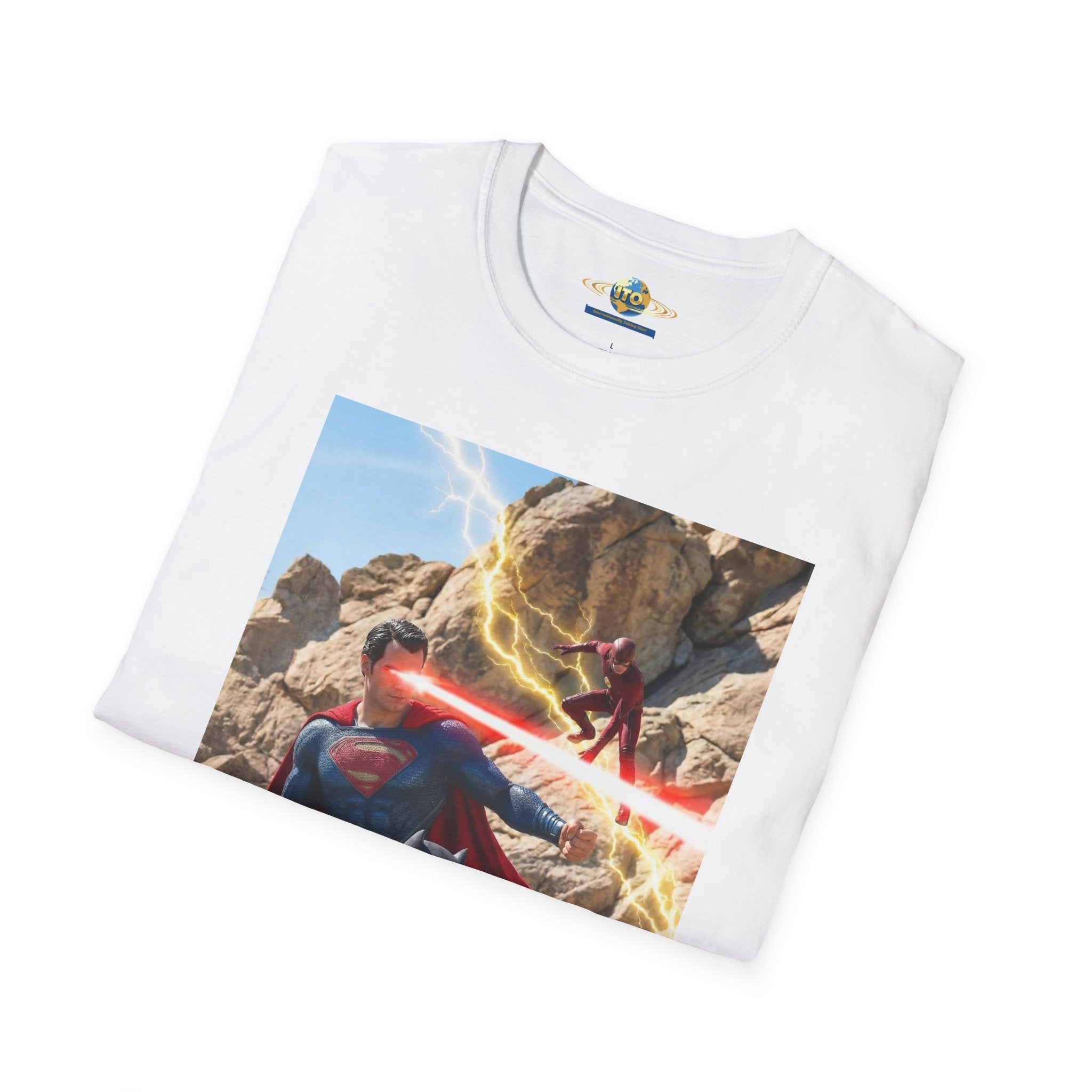 Superhero Action Photo T-Shirt — Dynamic Superman & Batman Graphic Tee