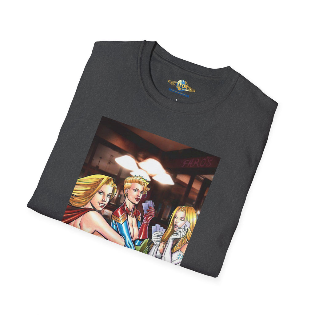 T-Shirt — Retro Pinup Superhero Trio Bar Scene