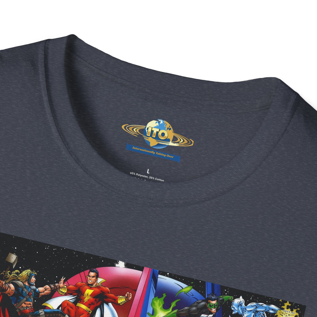 Graphic T-Shirt — Red vs Blue Superhero Action Panel
