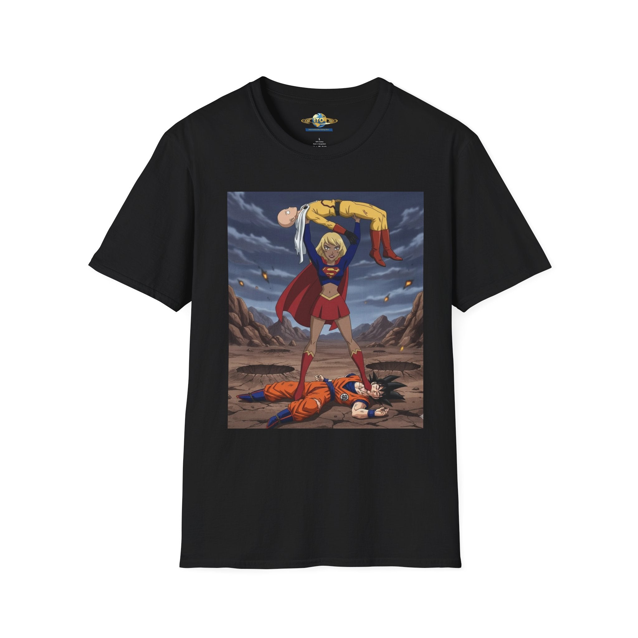 Graphic T-Shirt — Superhero Pose Lifting Villain Illustration