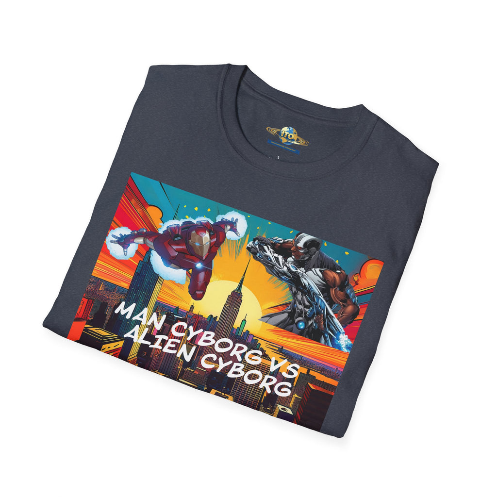 Man Cyborg vs Alien Cyborg Graphic T‑Shirt — Retro Sci‑Fi Battle Tee