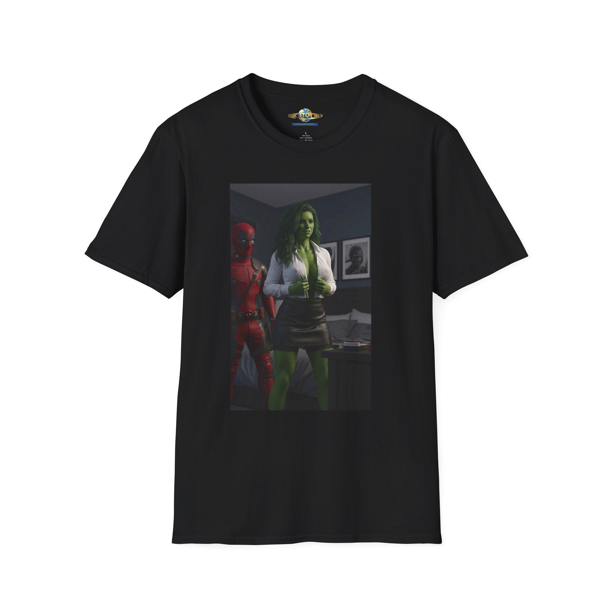 Graphic T‑Shirt — Retro Noir Scene with Green-Hued Woman and Red Figure