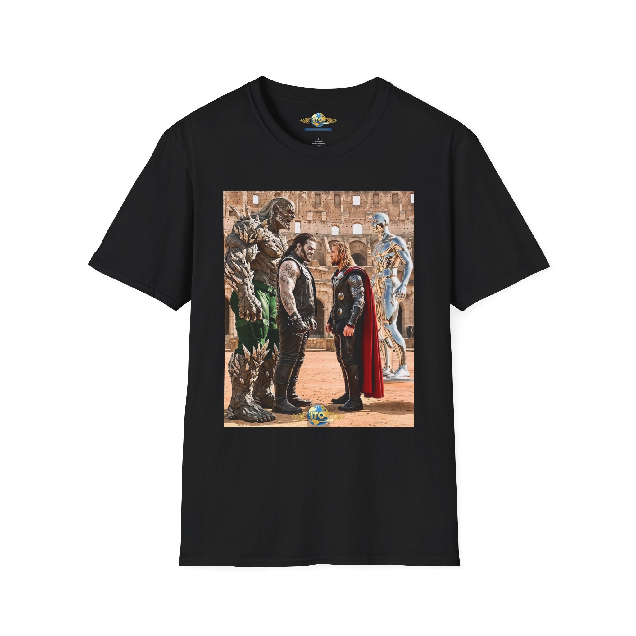Fantasy Heroes Faceoff T-Shirt — Epic Gladiator Arena Scene