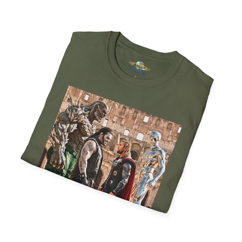 Fantasy Heroes Faceoff T-Shirt — Epic Gladiator Arena Scene