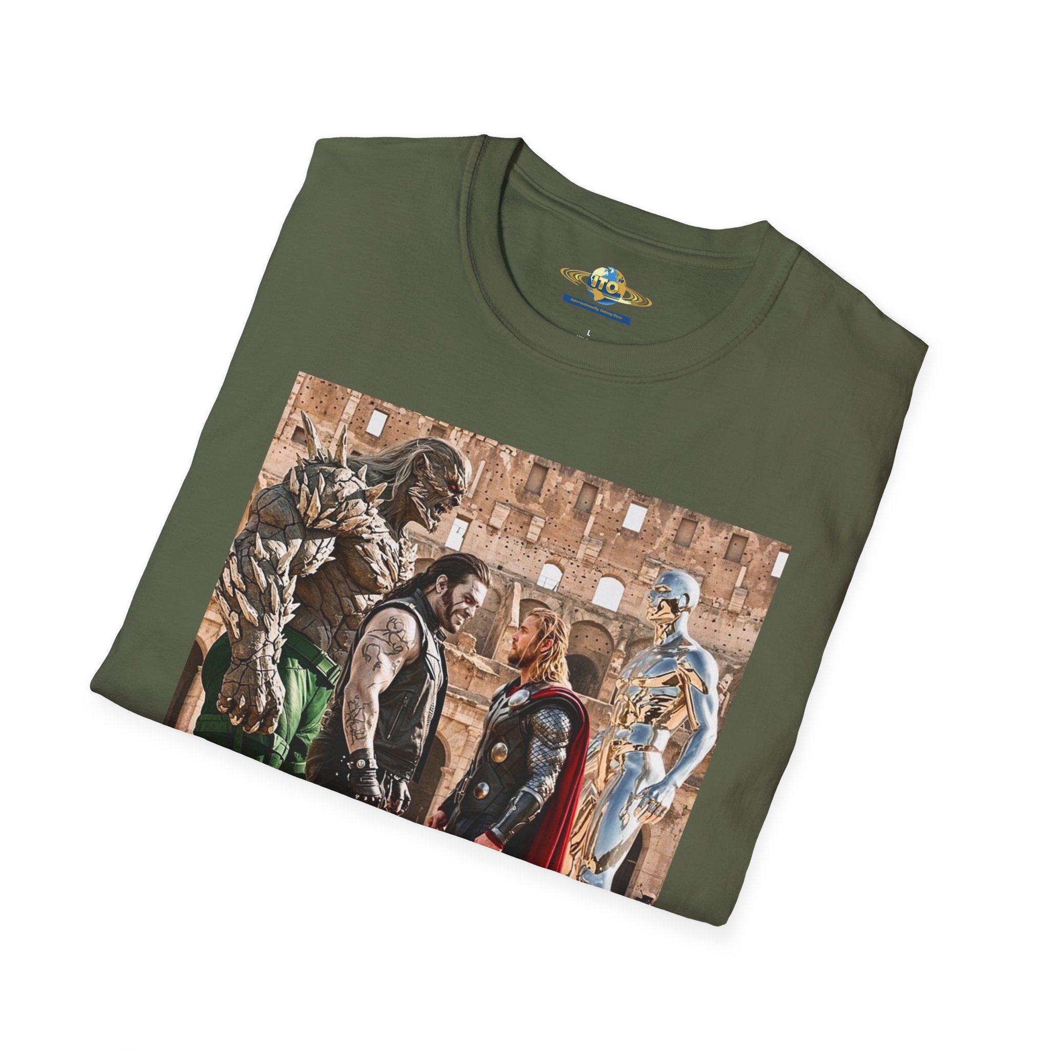 Fantasy Heroes Faceoff T-Shirt — Epic Gladiator Arena Scene