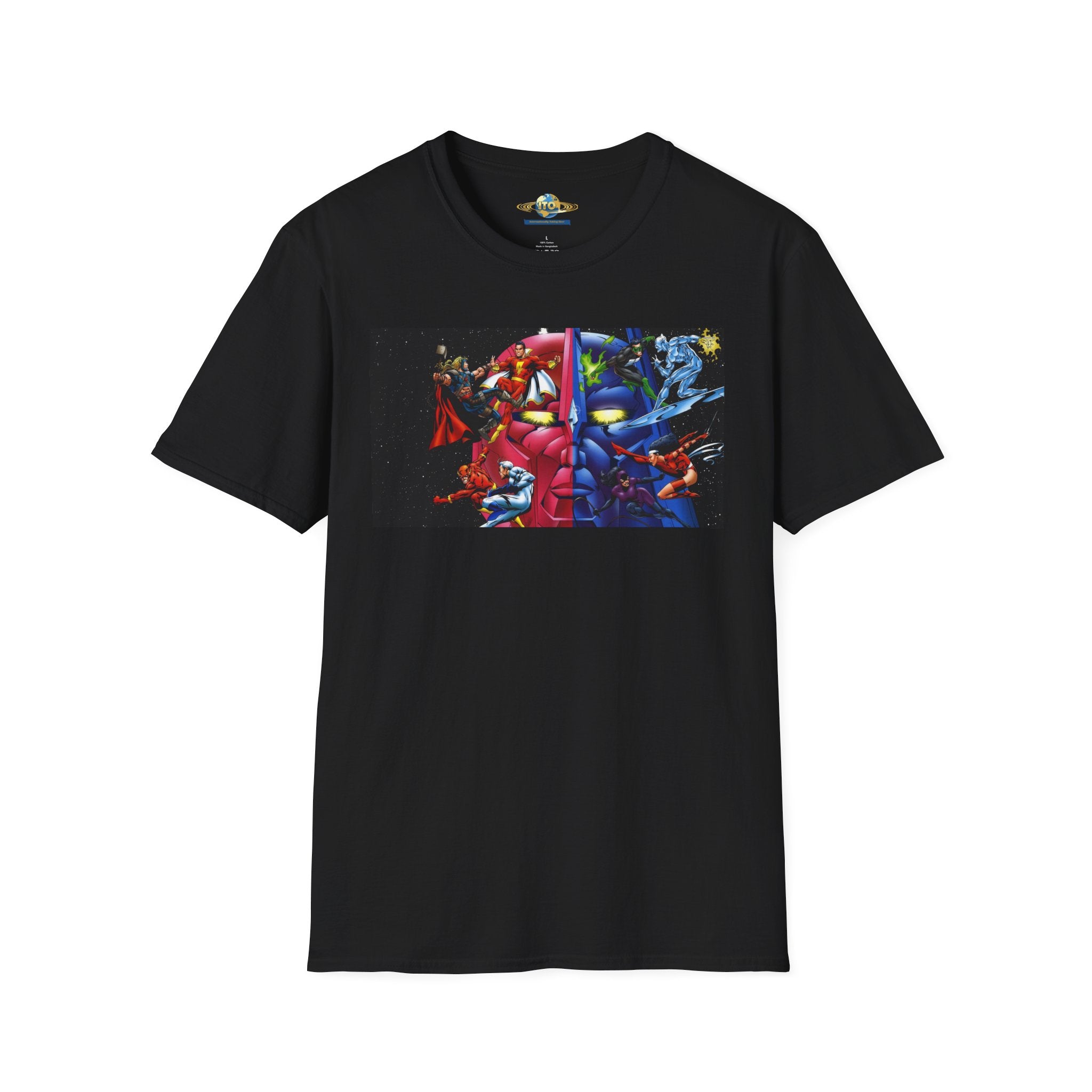 Graphic T-Shirt — Red vs Blue Superhero Action Panel