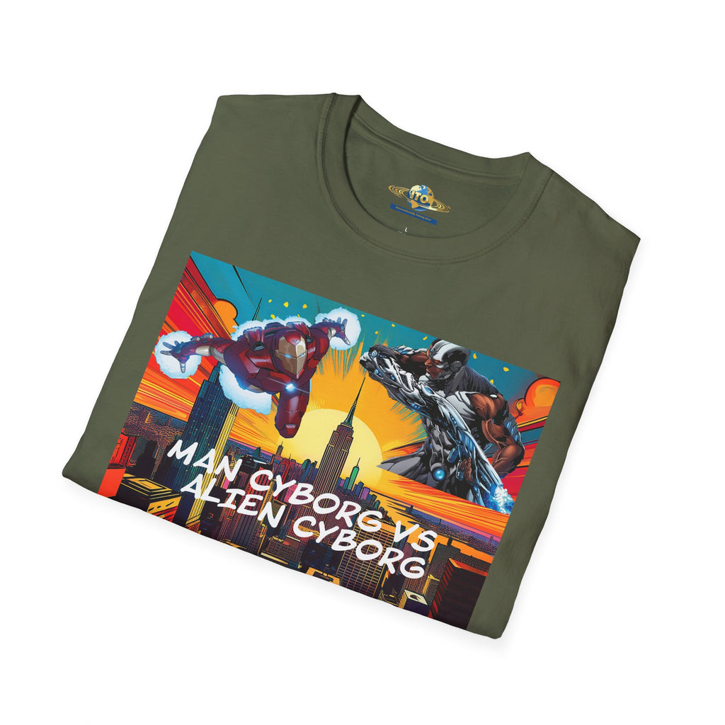 Man Cyborg vs Alien Cyborg Graphic T‑Shirt — Retro Sci‑Fi Battle Tee