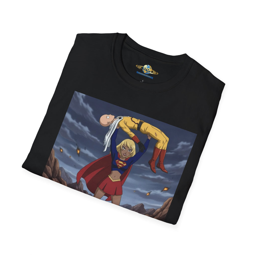 Graphic T-Shirt — Superhero Pose Lifting Villain Illustration