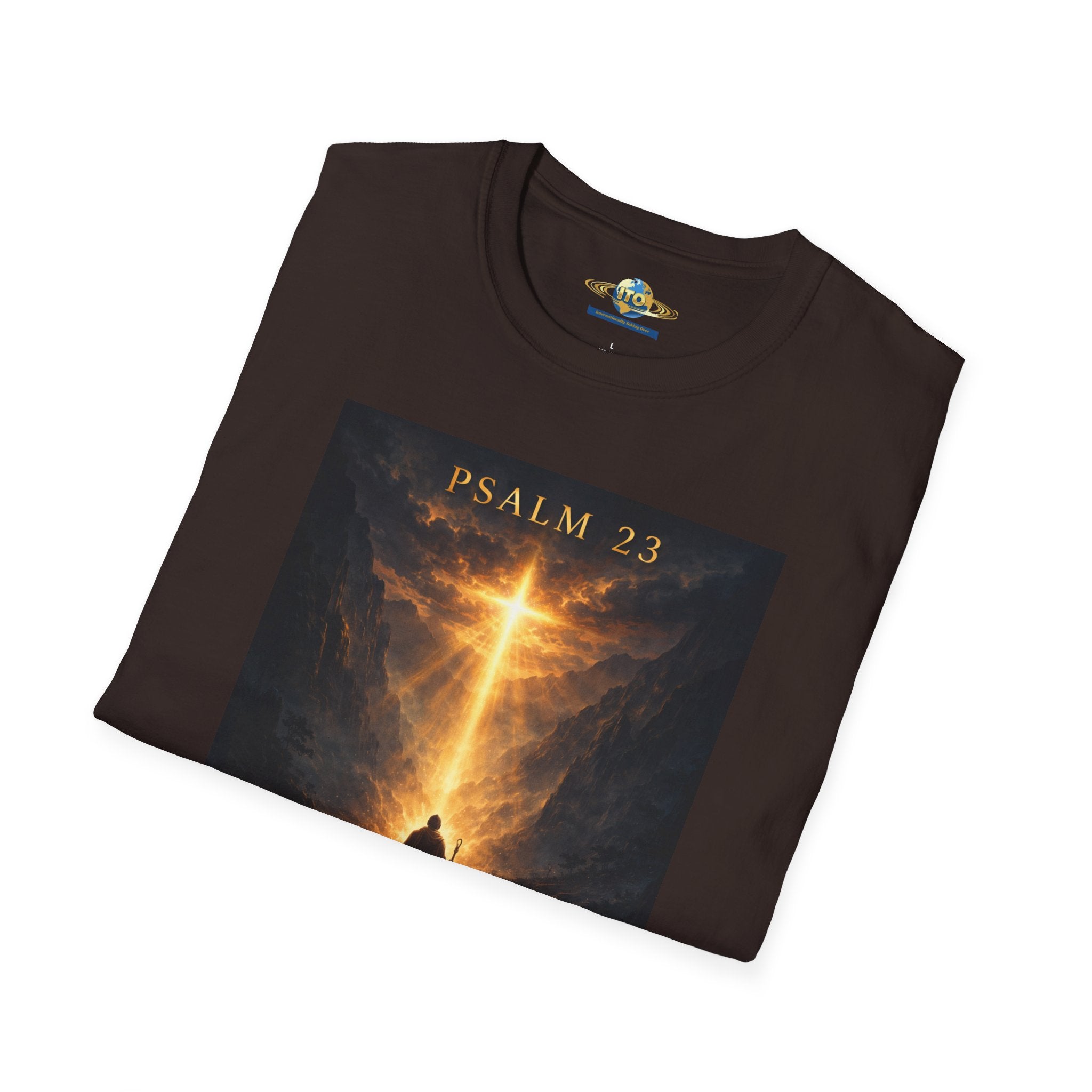 Psalm 23 T-Shirt — Christian Cross & Valley of the Shadow Design