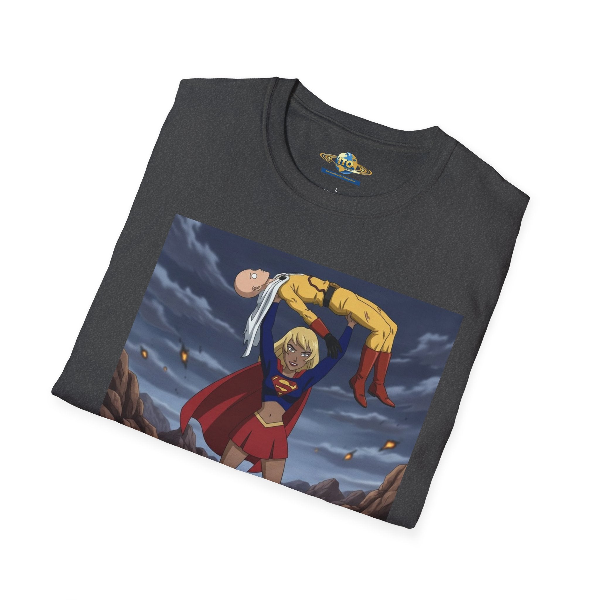 Graphic T-Shirt — Superhero Pose Lifting Villain Illustration