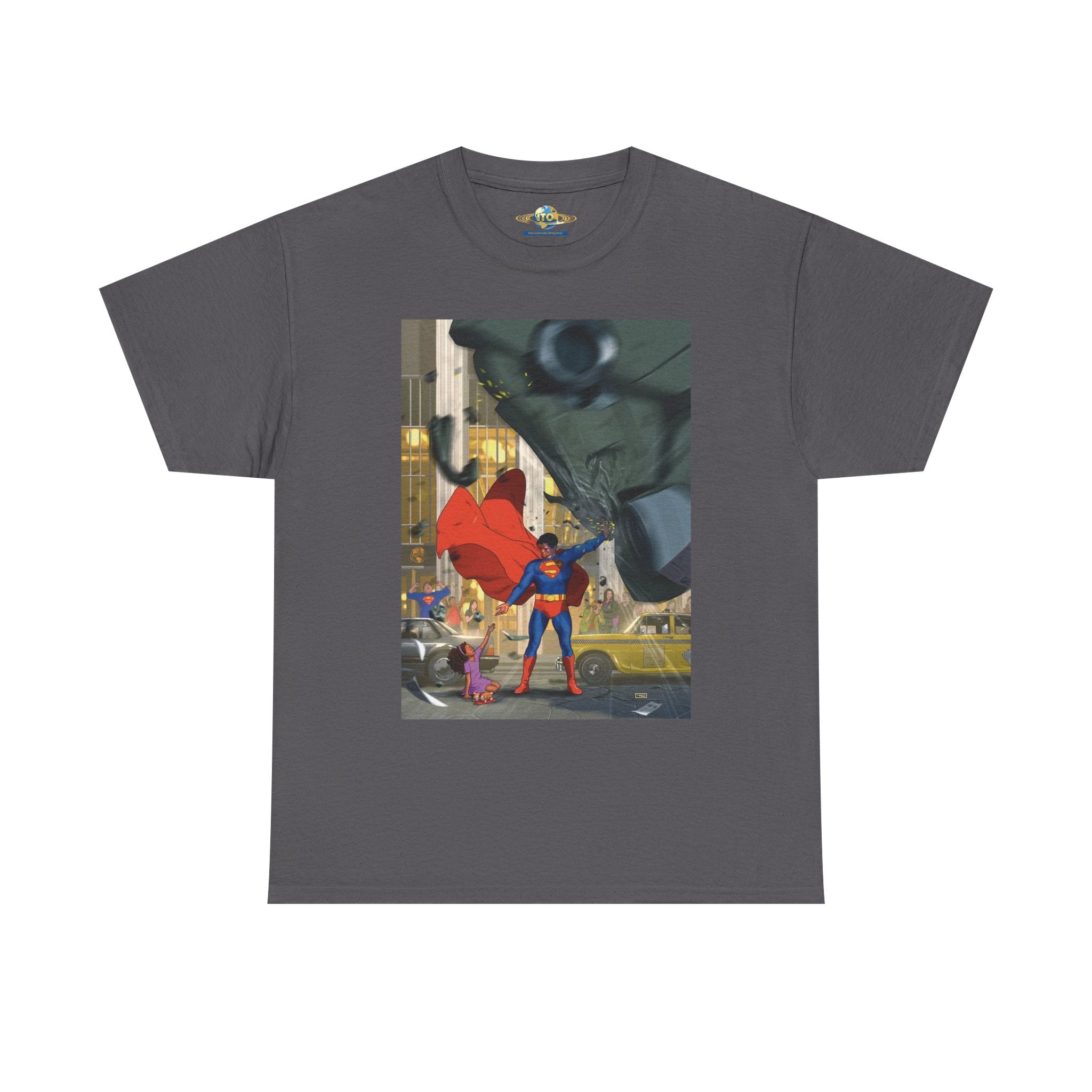 Superhero City Scene T‑Shirt — Retro Superman Urban Illustration Tee