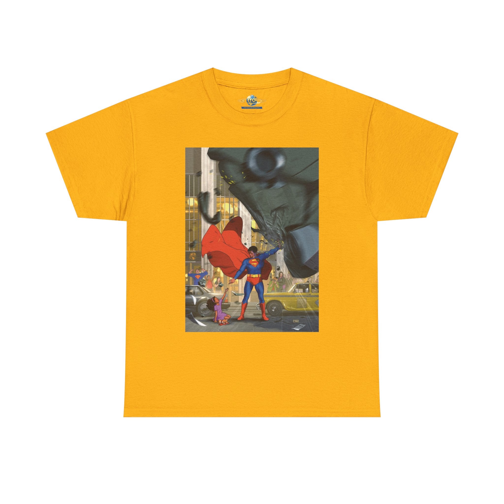Superhero City Scene T‑Shirt — Retro Superman Urban Illustration Tee