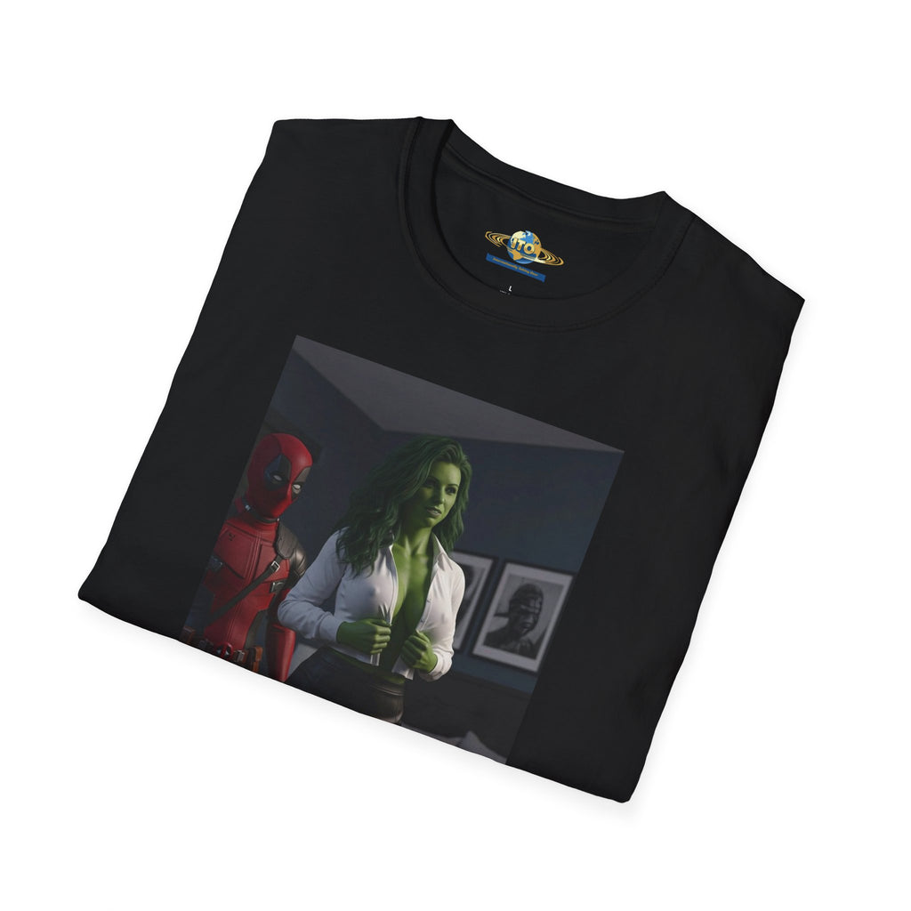 Graphic T‑Shirt — Retro Noir Scene with Green-Hued Woman and Red Figure