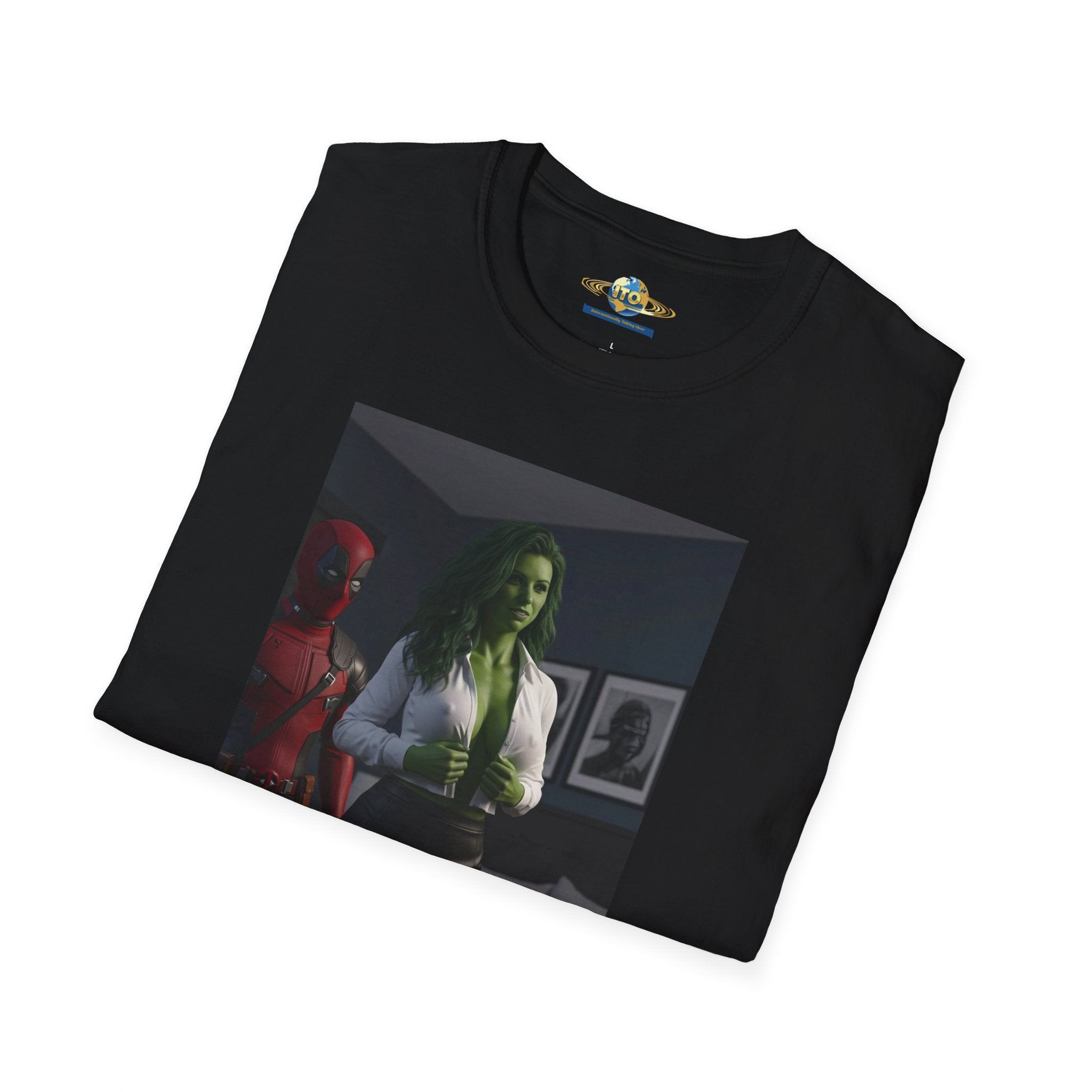 Graphic T‑Shirt — Retro Noir Scene with Green-Hued Woman and Red Figure