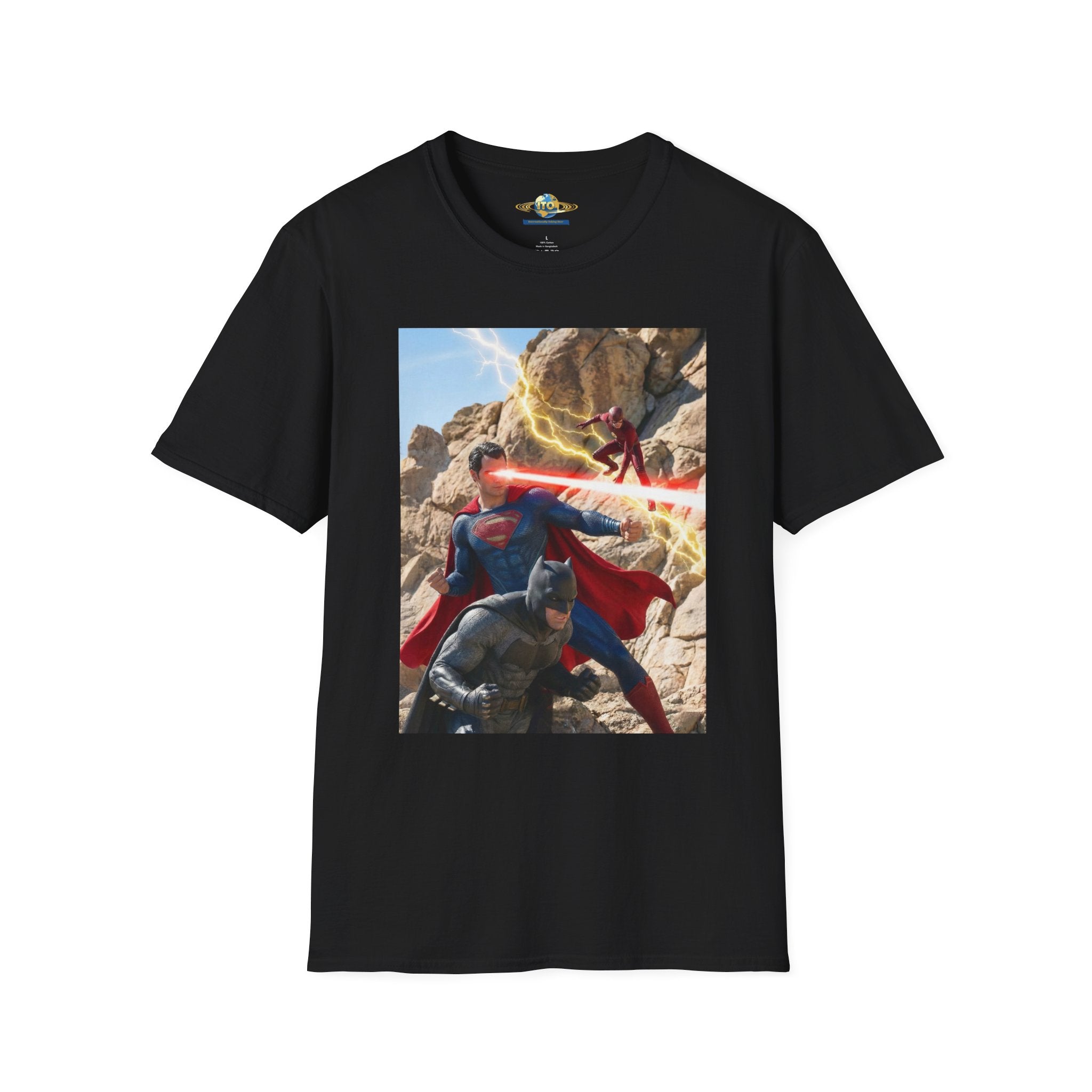 Superhero Action Photo T-Shirt — Dynamic Superman & Batman Graphic Tee