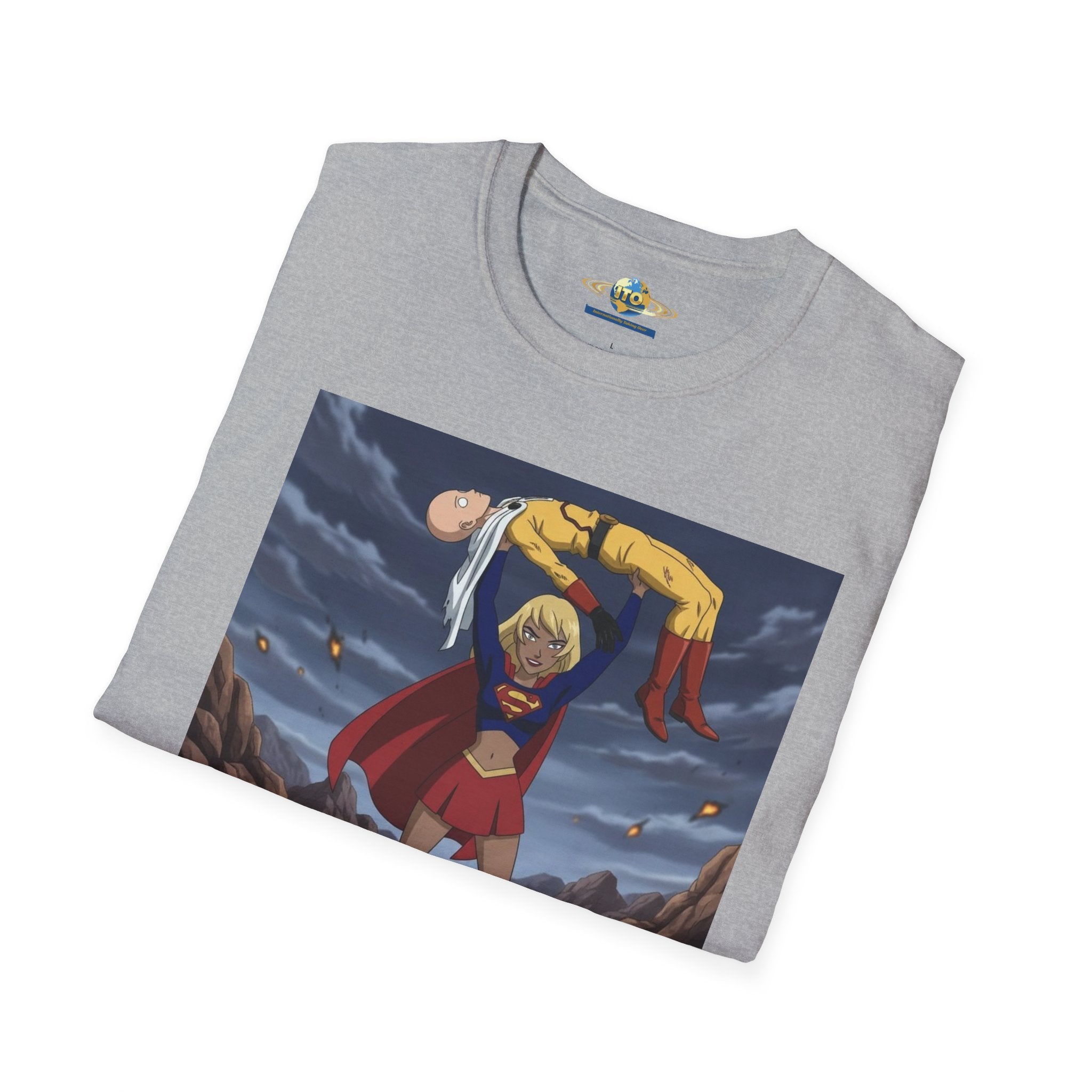 Graphic T-Shirt — Superhero Pose Lifting Villain Illustration