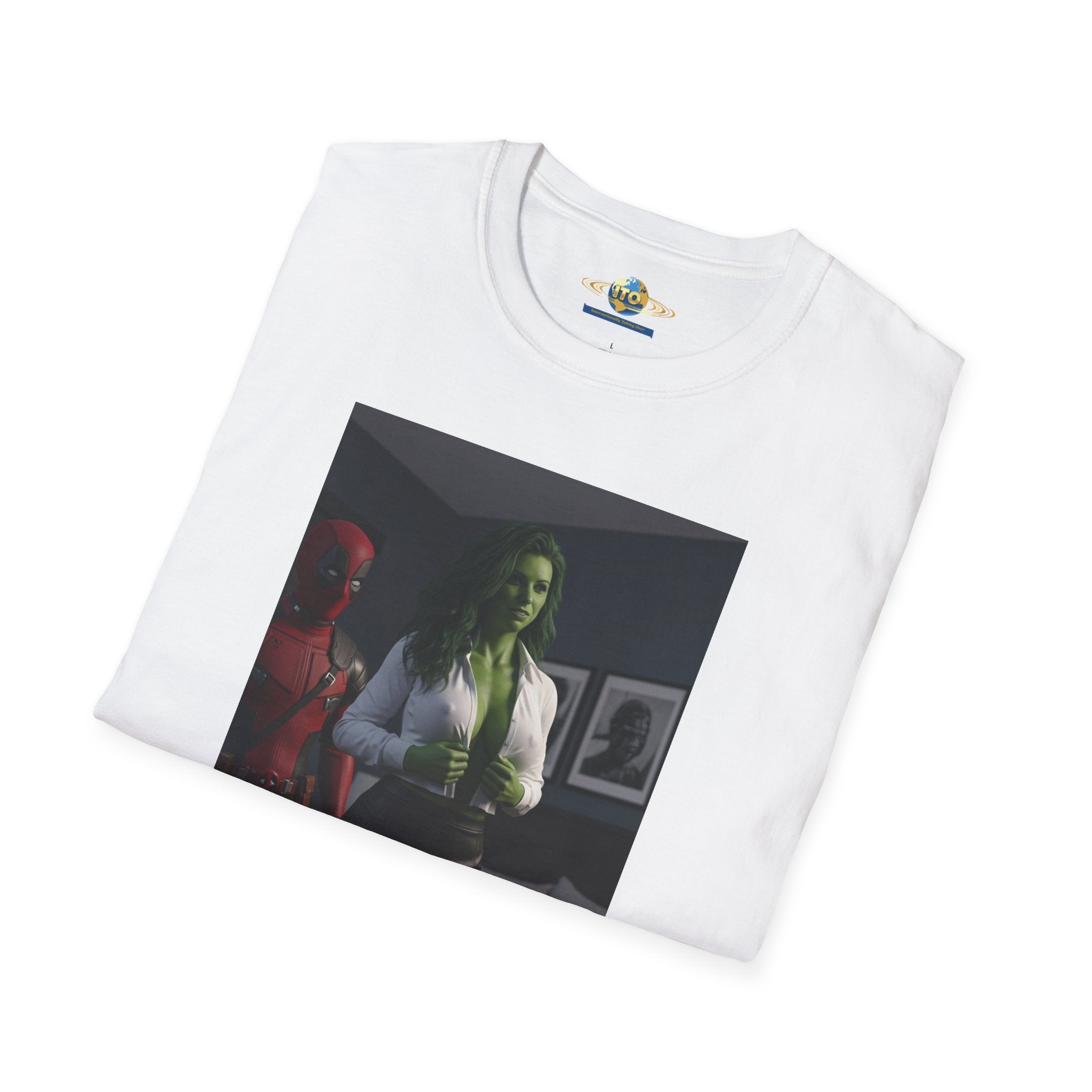 Graphic T‑Shirt — Retro Noir Scene with Green-Hued Woman and Red Figure