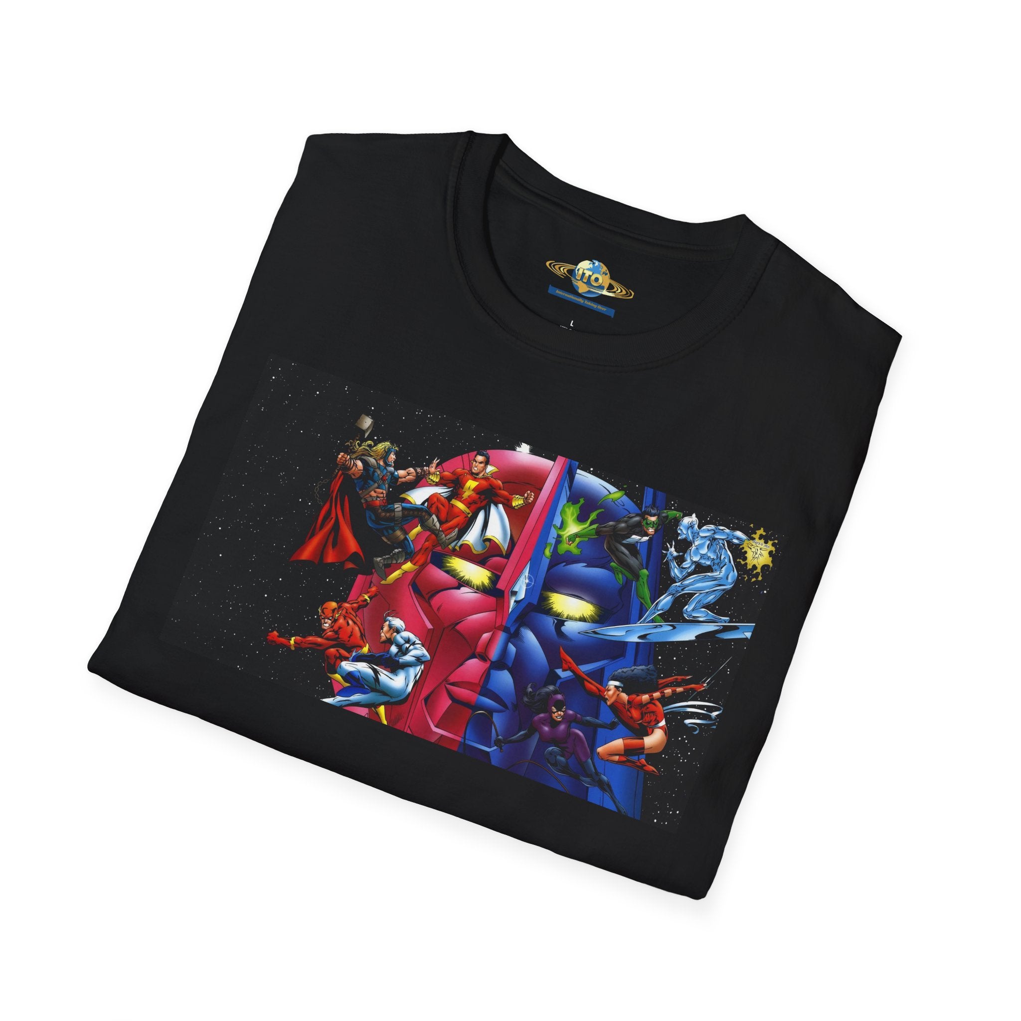 Graphic T-Shirt — Red vs Blue Superhero Action Panel