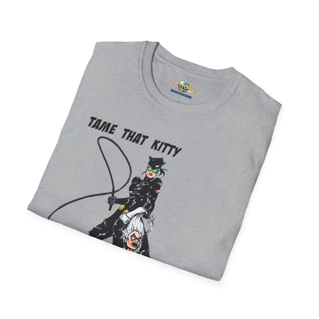 T-Shirt — "Tame That Kitty" Black Cat Whip Illustration