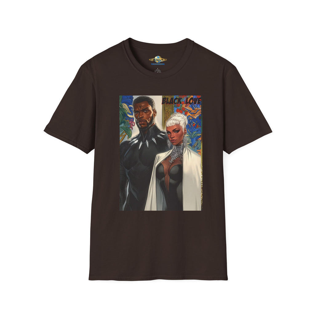 Art Print T‑Shirt — Bold Superhero Couple Portrait Tee