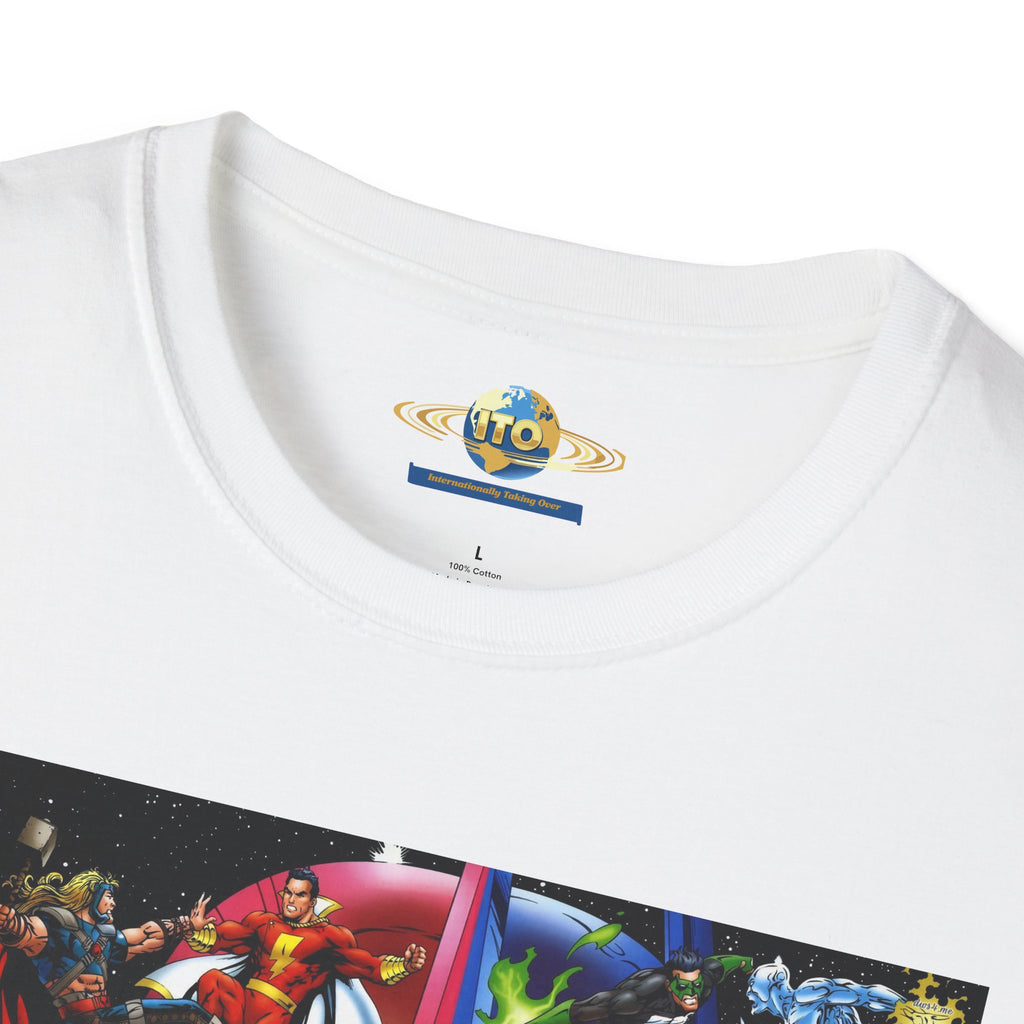 Graphic T-Shirt — Red vs Blue Superhero Action Panel