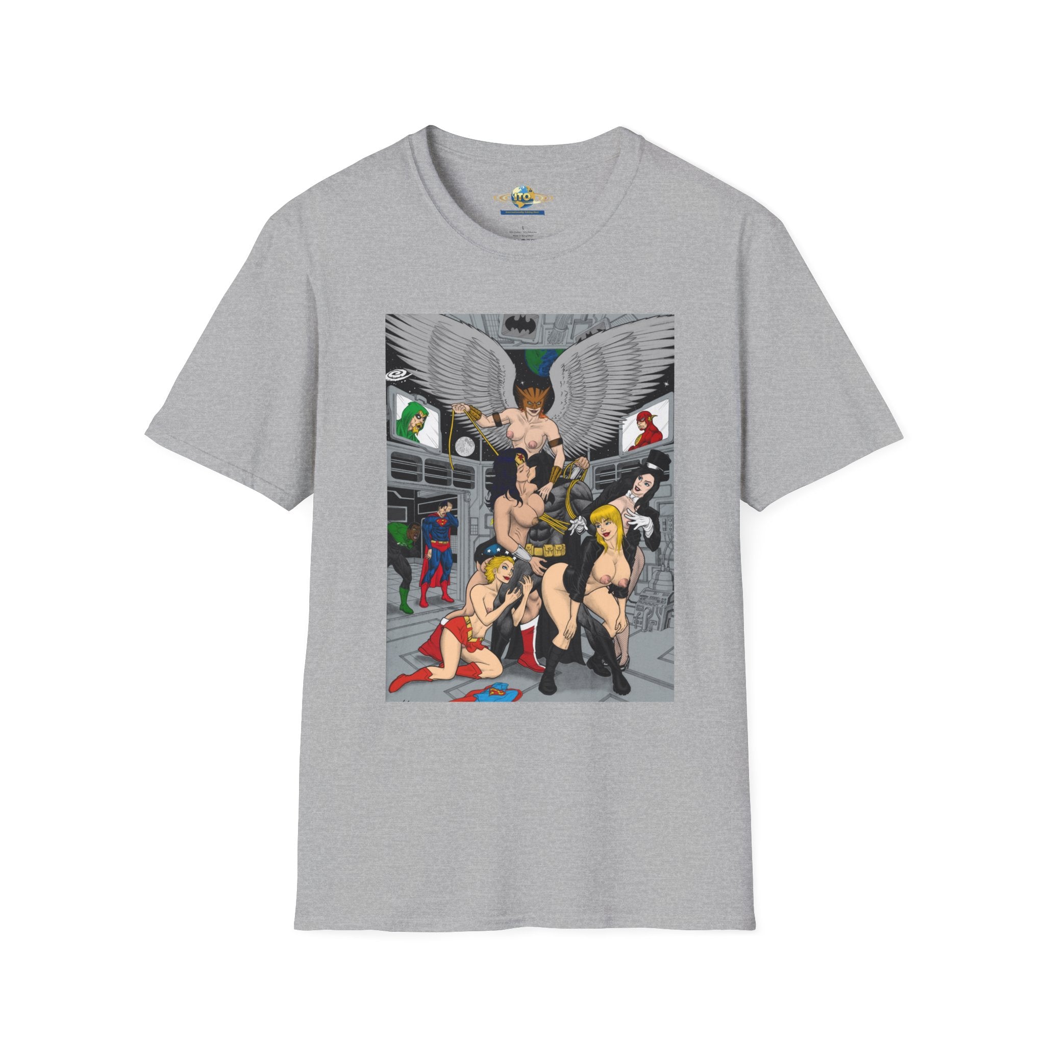 Graphic T-Shirt — Retro Comic Superhero Pinup Scene