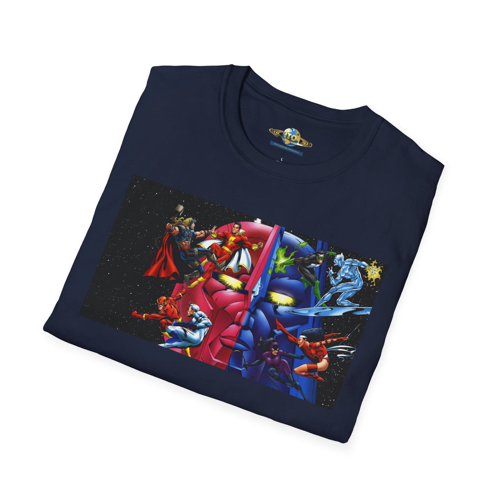 Graphic T-Shirt — Red vs Blue Superhero Action Panel