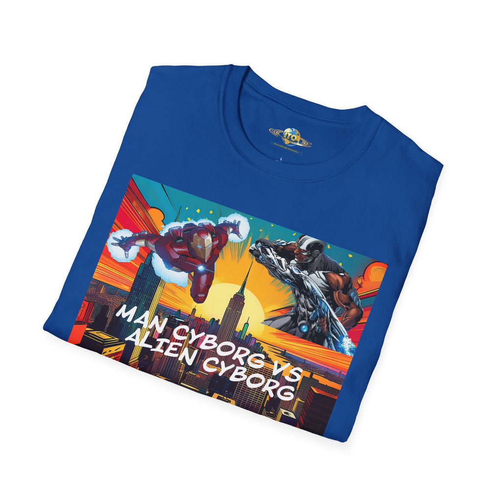 Man Cyborg vs Alien Cyborg Graphic T‑Shirt — Retro Sci‑Fi Battle Tee