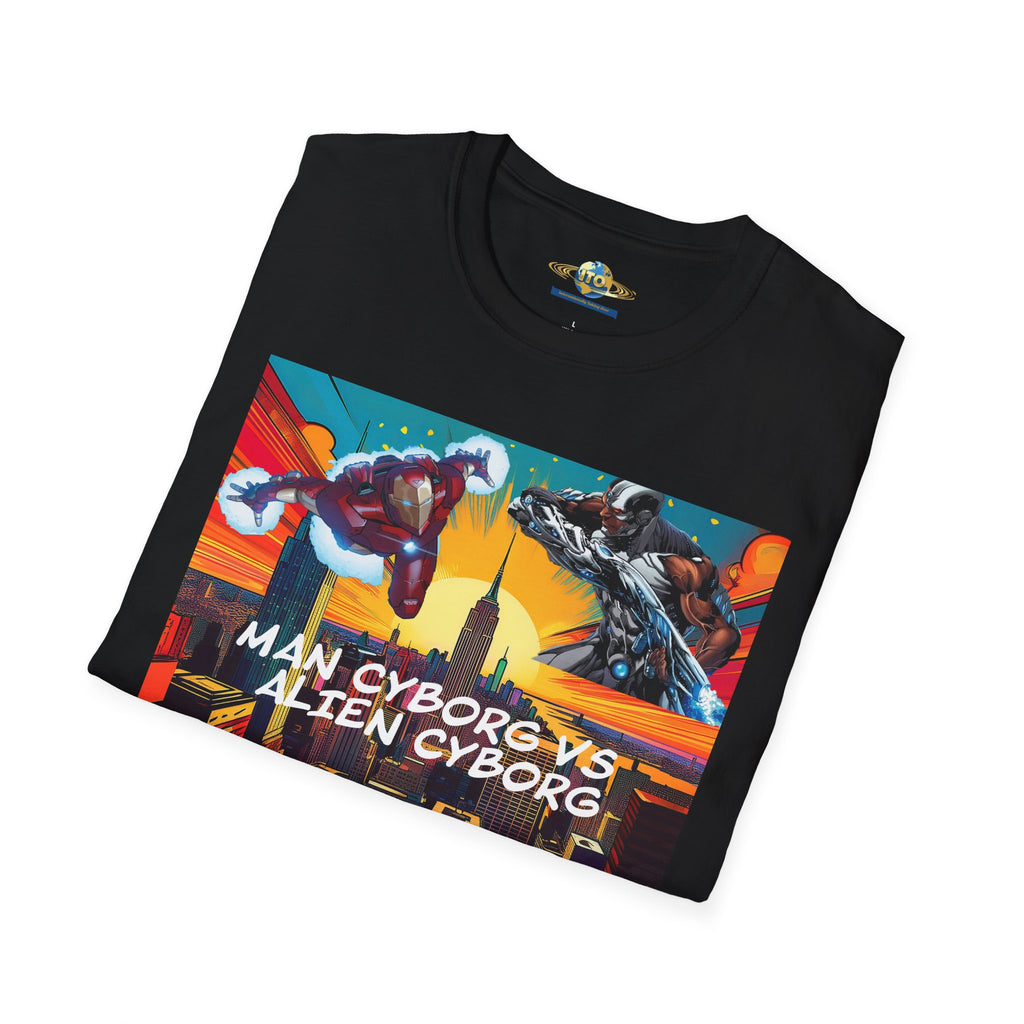 Man Cyborg vs Alien Cyborg Graphic T‑Shirt — Retro Sci‑Fi Battle Tee
