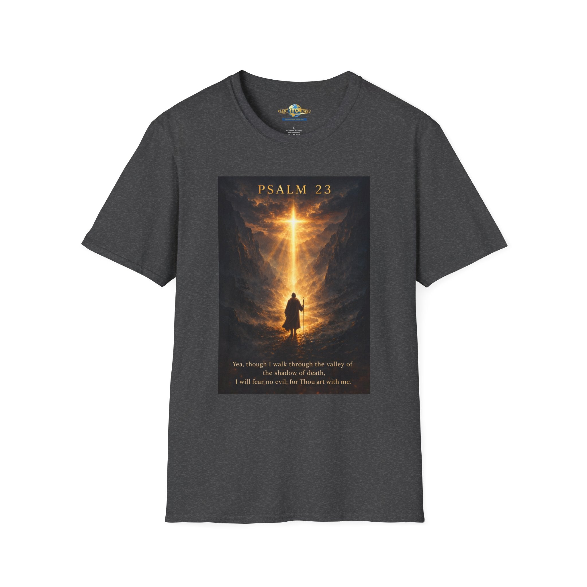 Psalm 23 T-Shirt — Christian Cross & Valley of the Shadow Design