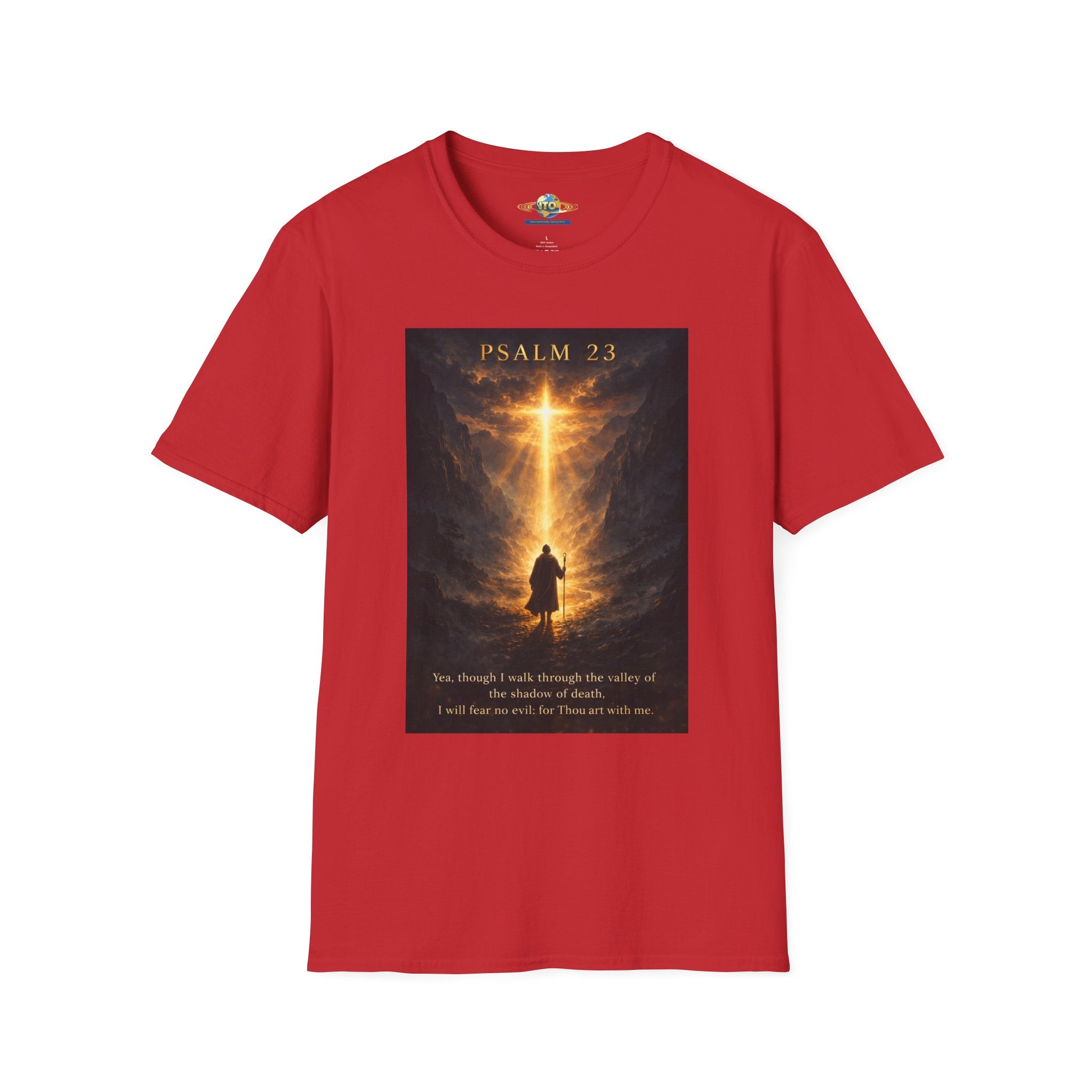Psalm 23 T-Shirt — Christian Cross & Valley of the Shadow Design