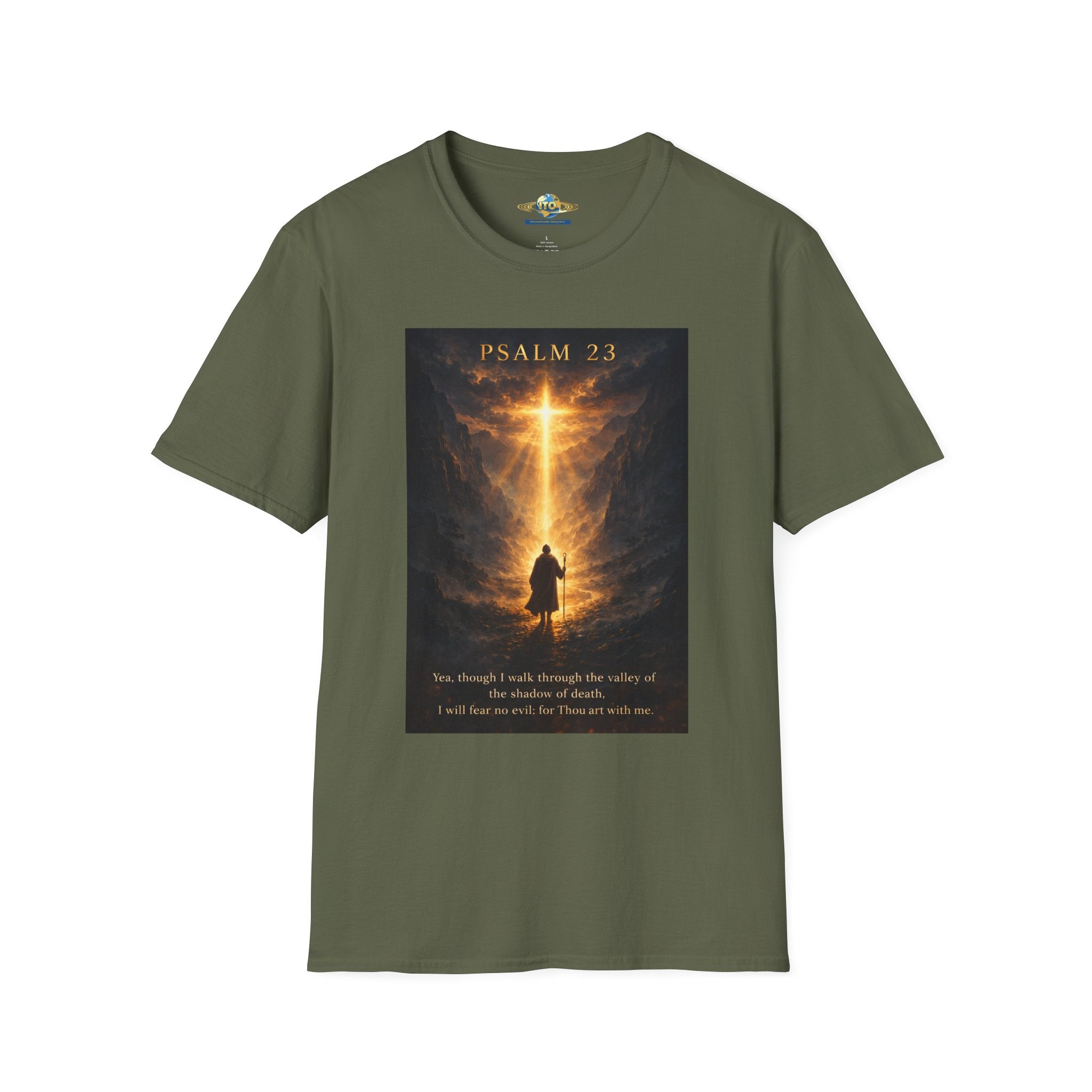 Psalm 23 T-Shirt — Christian Cross & Valley of the Shadow Design