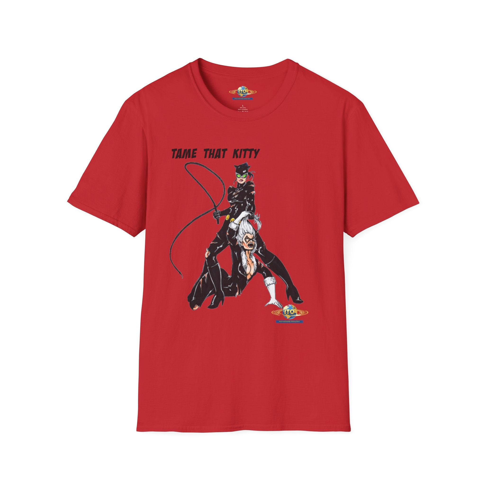 T-Shirt — "Tame That Kitty" Black Cat Whip Illustration