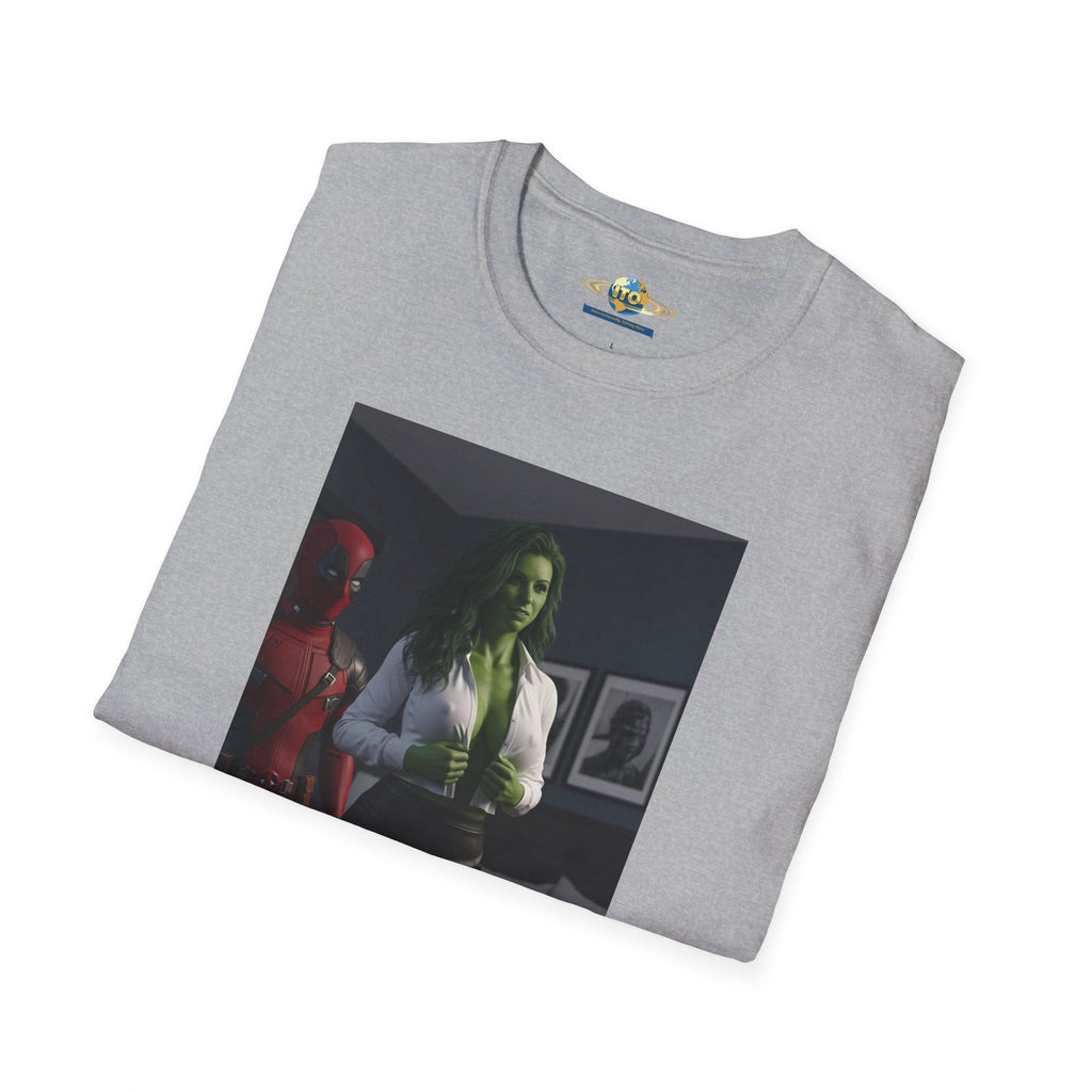 Graphic T‑Shirt — Retro Noir Scene with Green-Hued Woman and Red Figure
