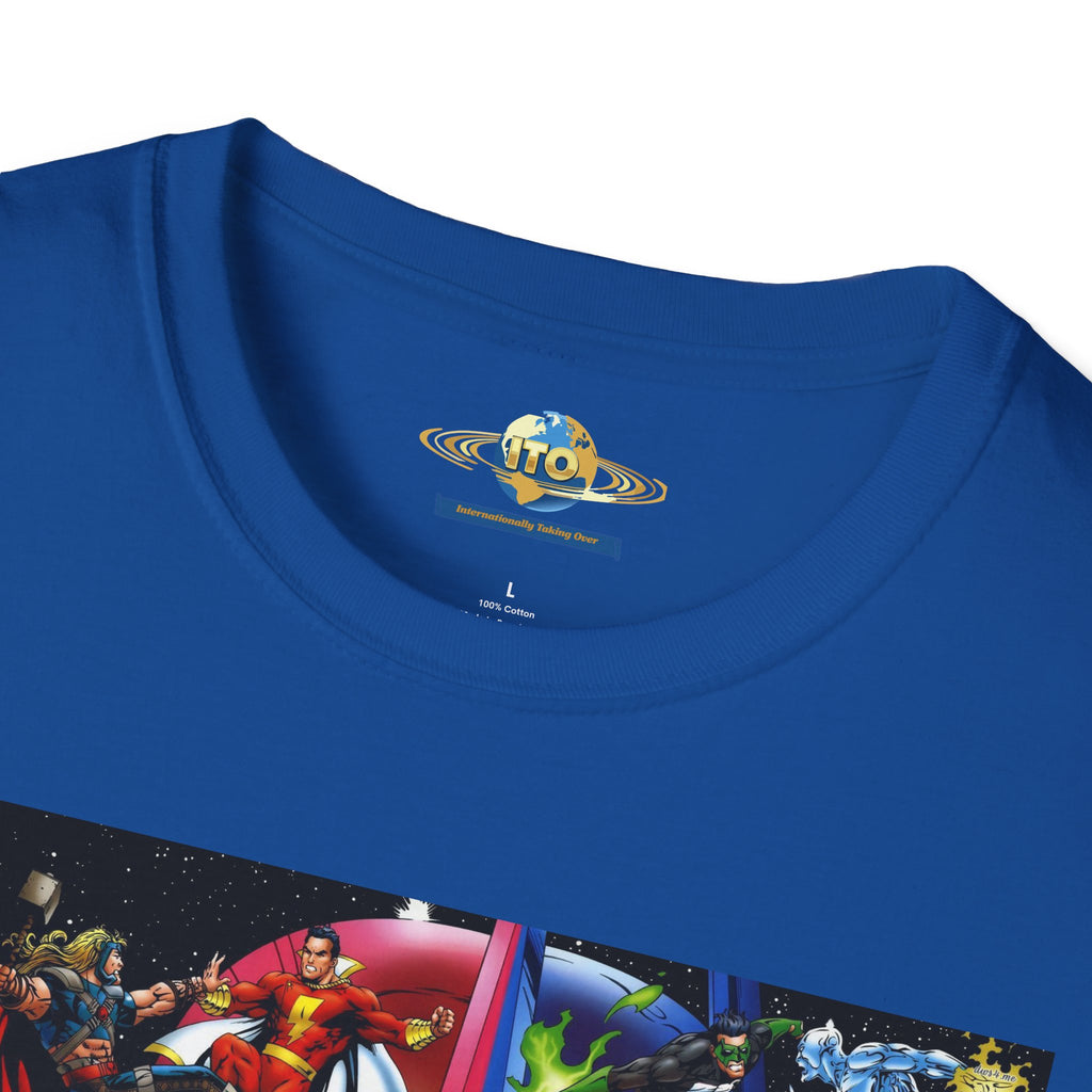 Graphic T-Shirt — Red vs Blue Superhero Action Panel