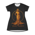 Ebony Goddess T-Shirt Dress — Elegant Gold Goddess Graphic Dress