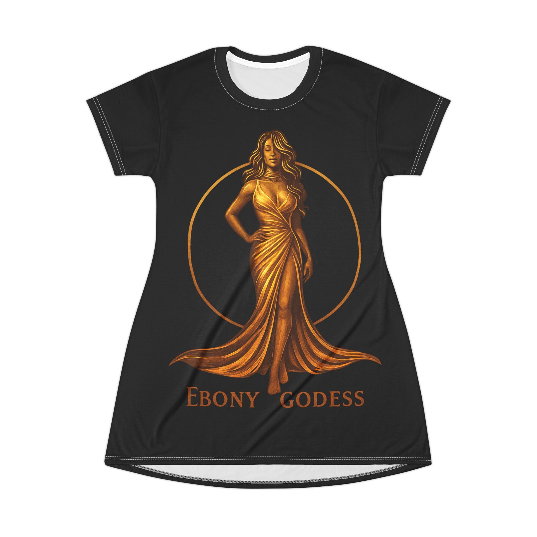 Ebony Goddess T-Shirt Dress — Elegant Gold Goddess Graphic Dress