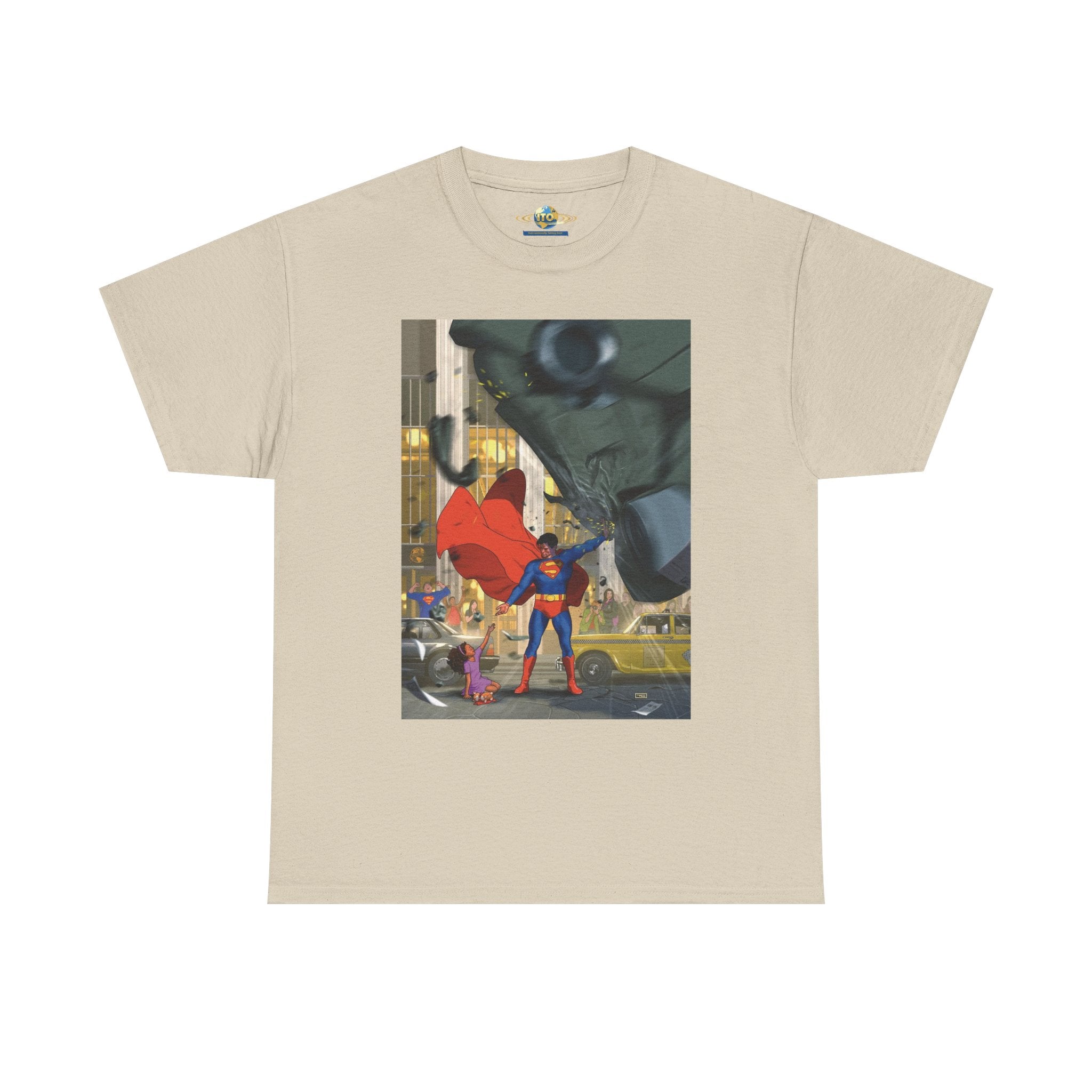 Superhero City Scene T‑Shirt — Retro Superman Urban Illustration Tee