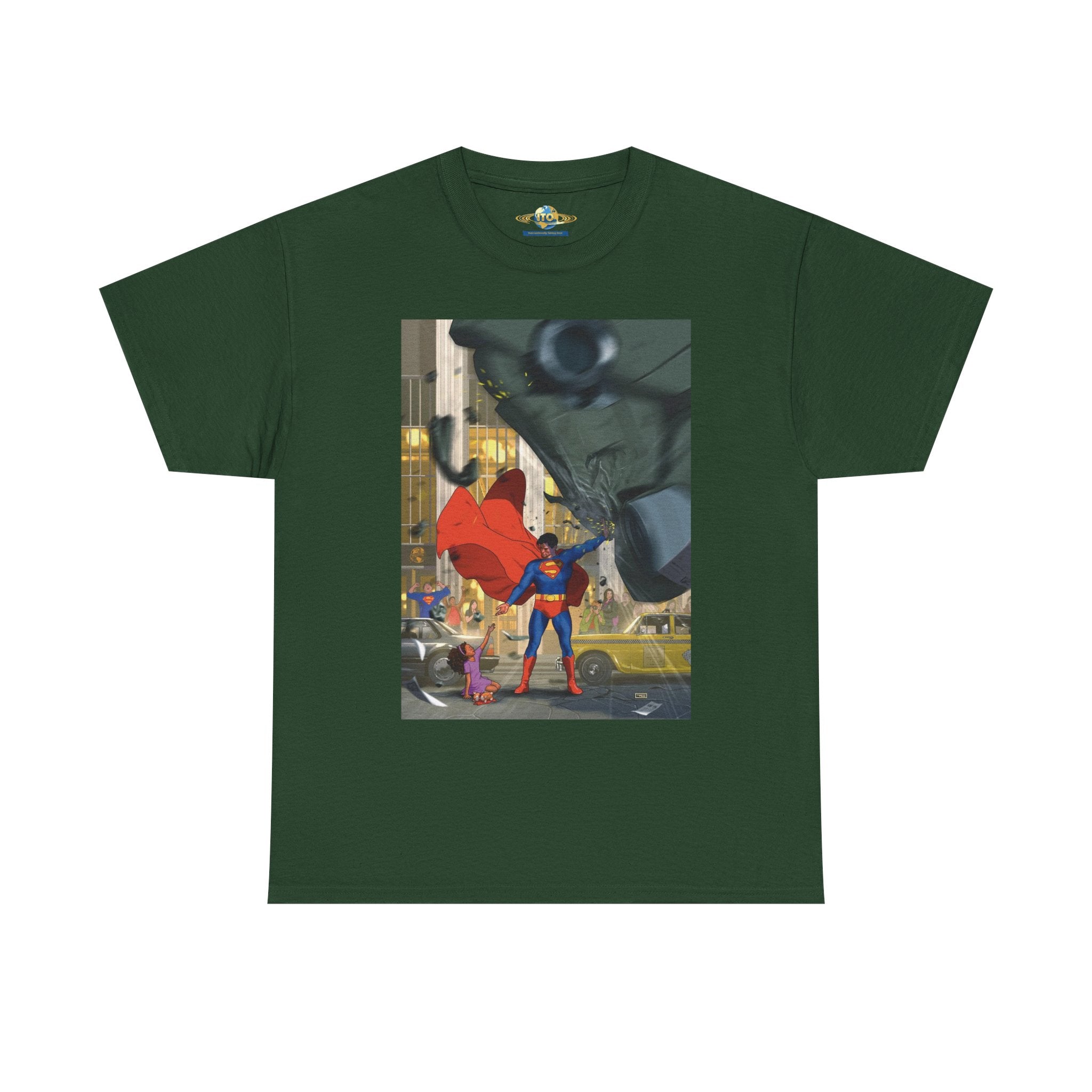 Superhero City Scene T‑Shirt — Retro Superman Urban Illustration Tee