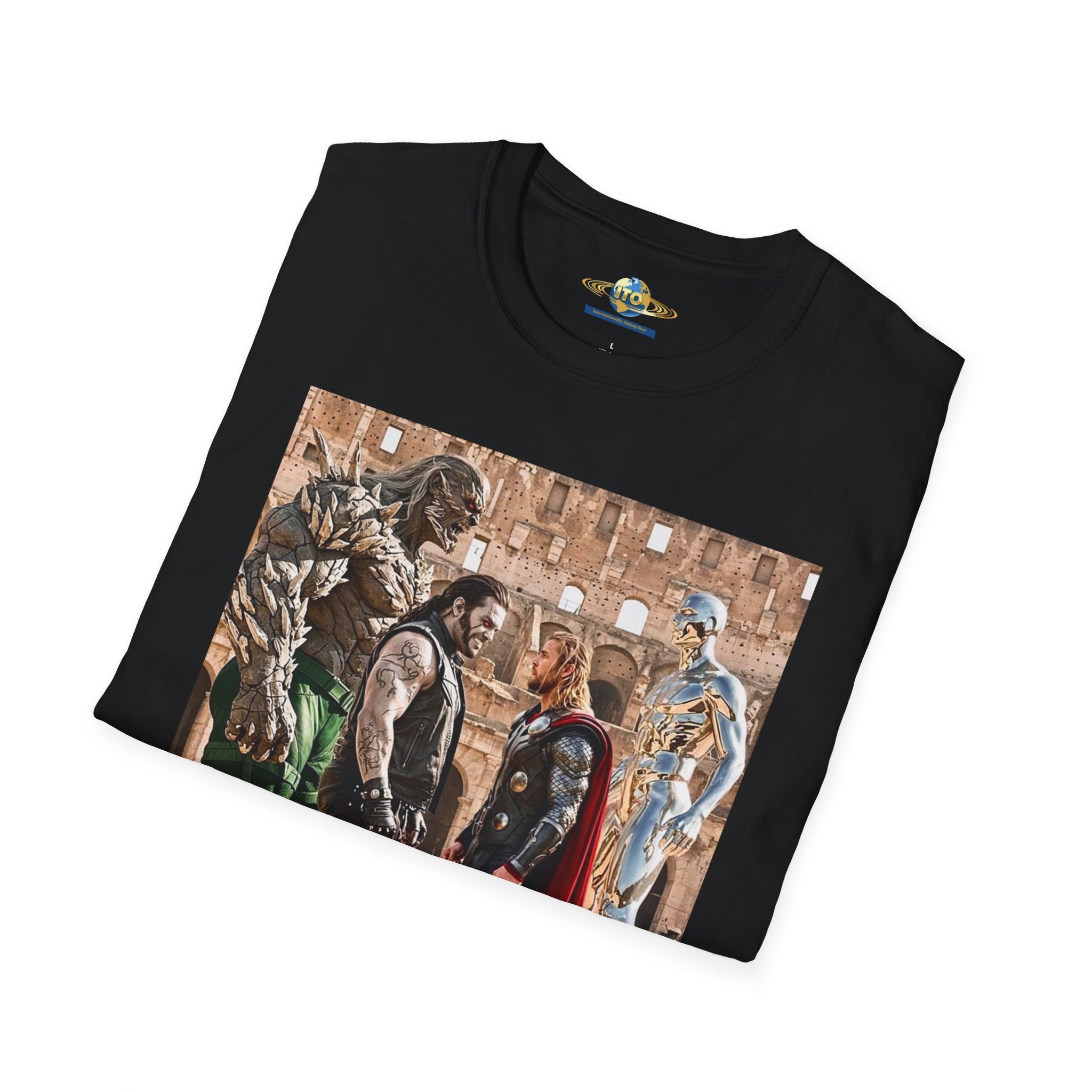 Fantasy Heroes Faceoff T-Shirt — Epic Gladiator Arena Scene