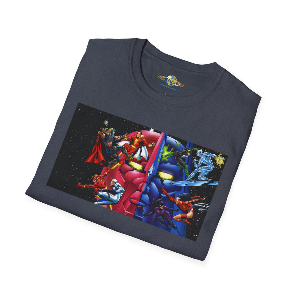 Graphic T-Shirt — Red vs Blue Superhero Action Panel
