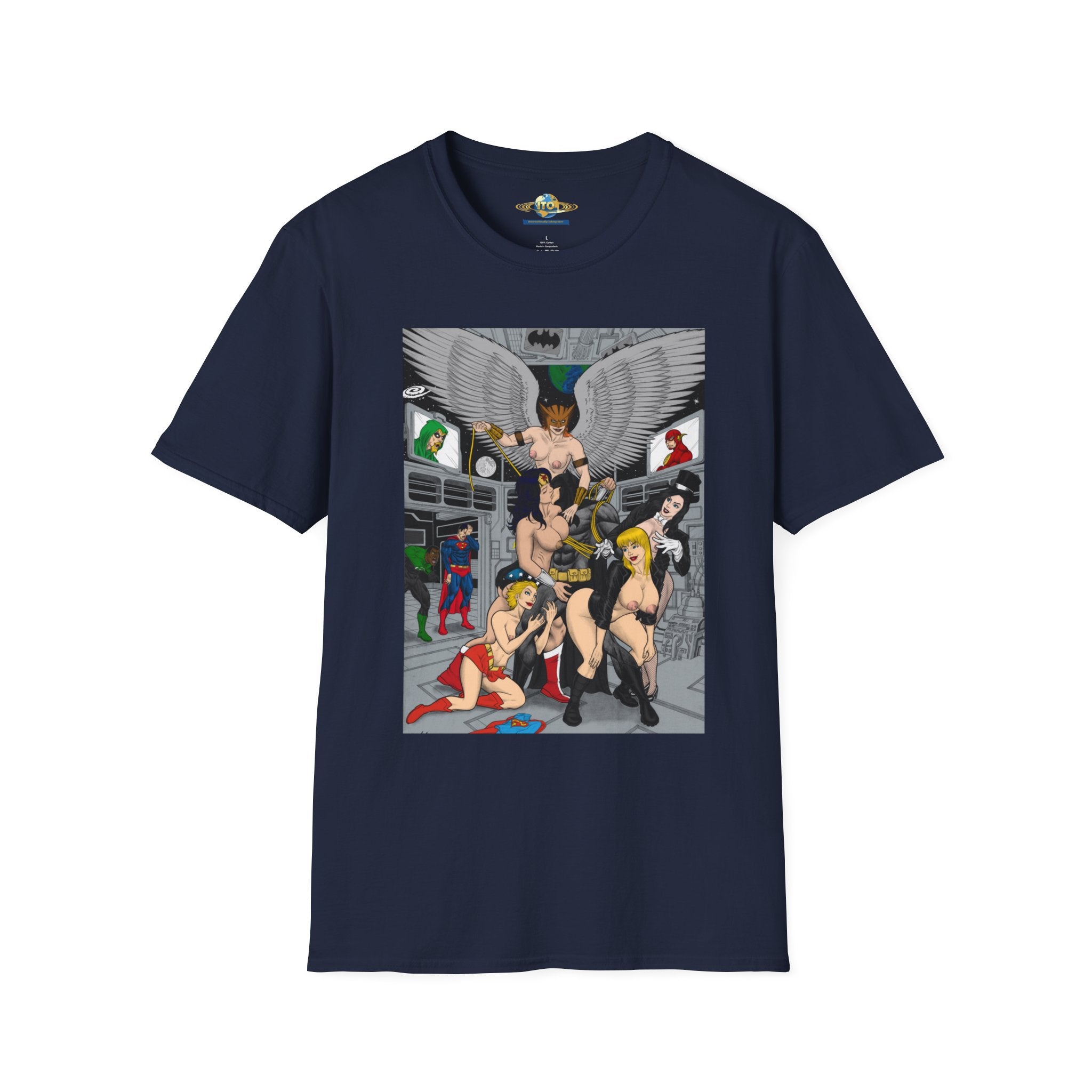 Graphic T-Shirt — Retro Comic Superhero Pinup Scene