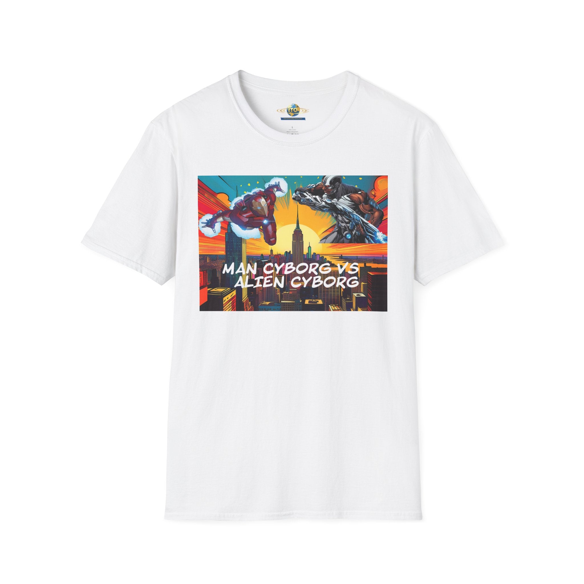 Man Cyborg vs Alien Cyborg Graphic T‑Shirt — Retro Sci‑Fi Battle Tee