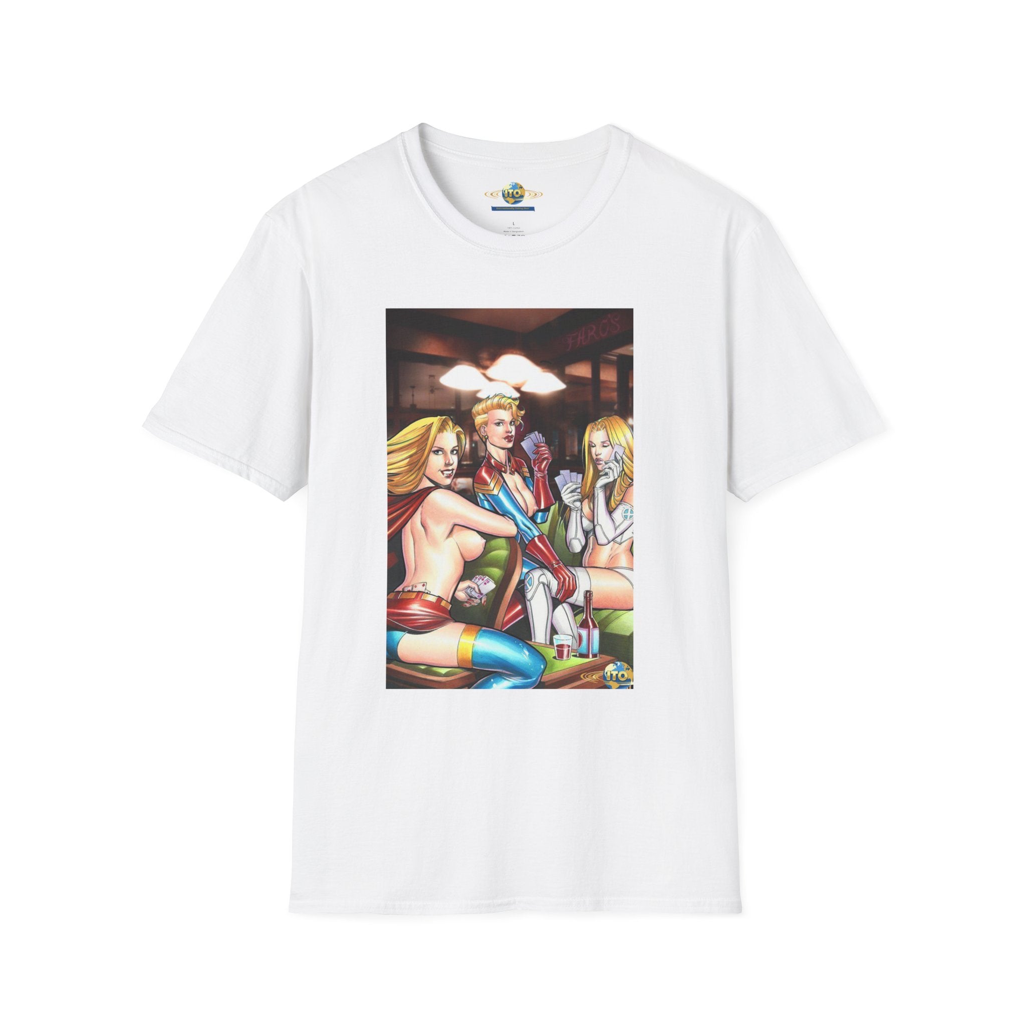 T-Shirt — Retro Pinup Superhero Trio Bar Scene