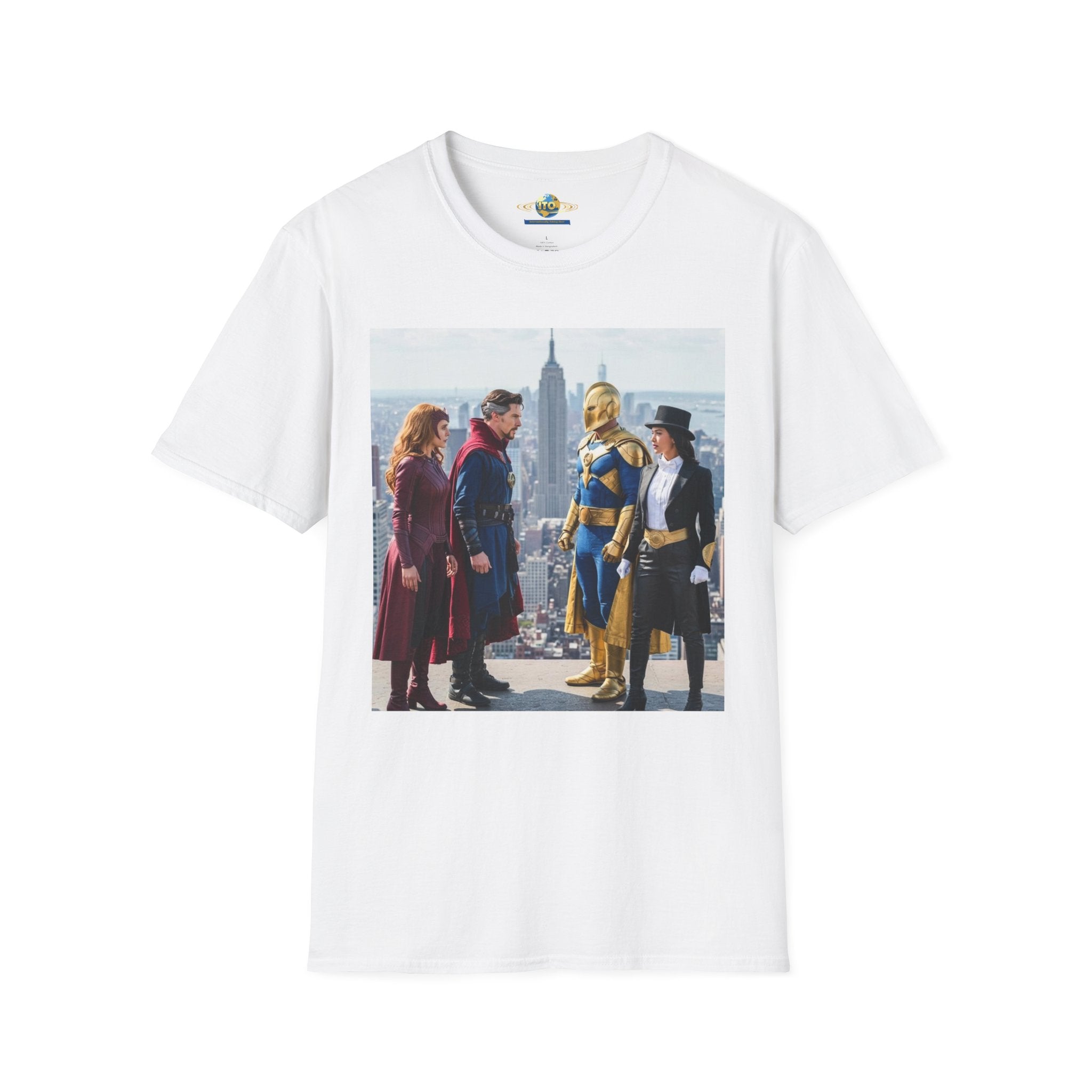 Superhero Team Photo T‑Shirt — Vintage City Rooftop Graphic Tee