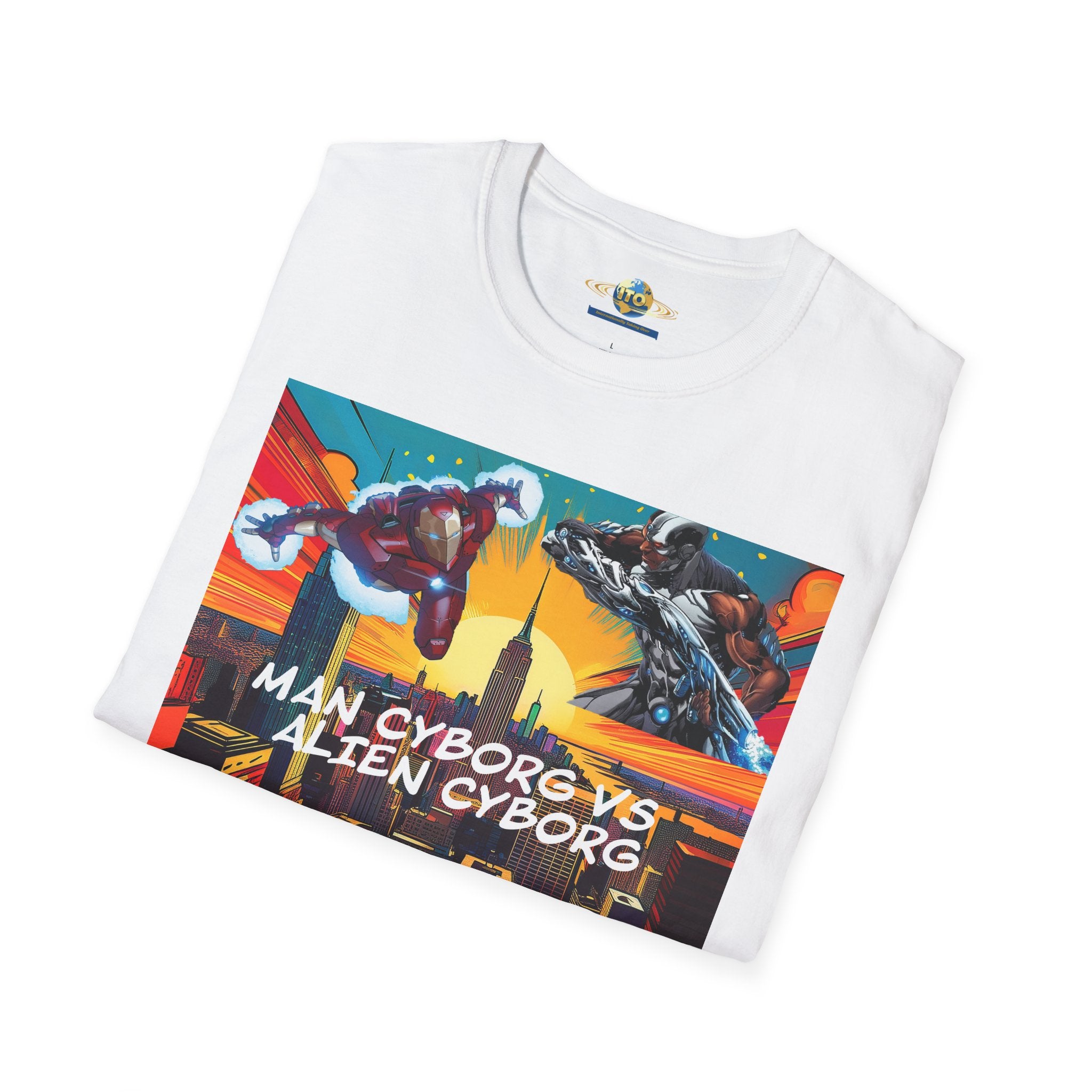 Man Cyborg vs Alien Cyborg Graphic T‑Shirt — Retro Sci‑Fi Battle Tee