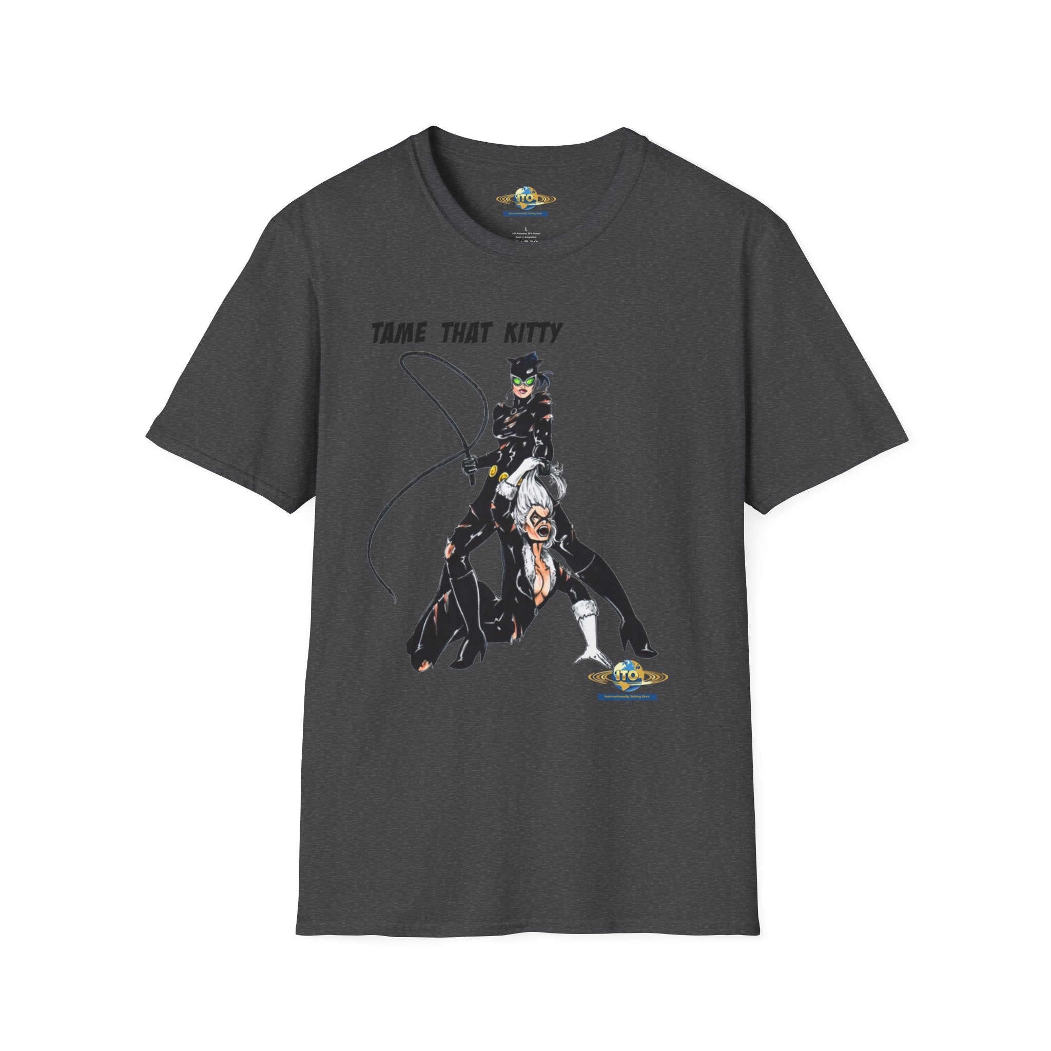 T-Shirt — "Tame That Kitty" Black Cat Whip Illustration