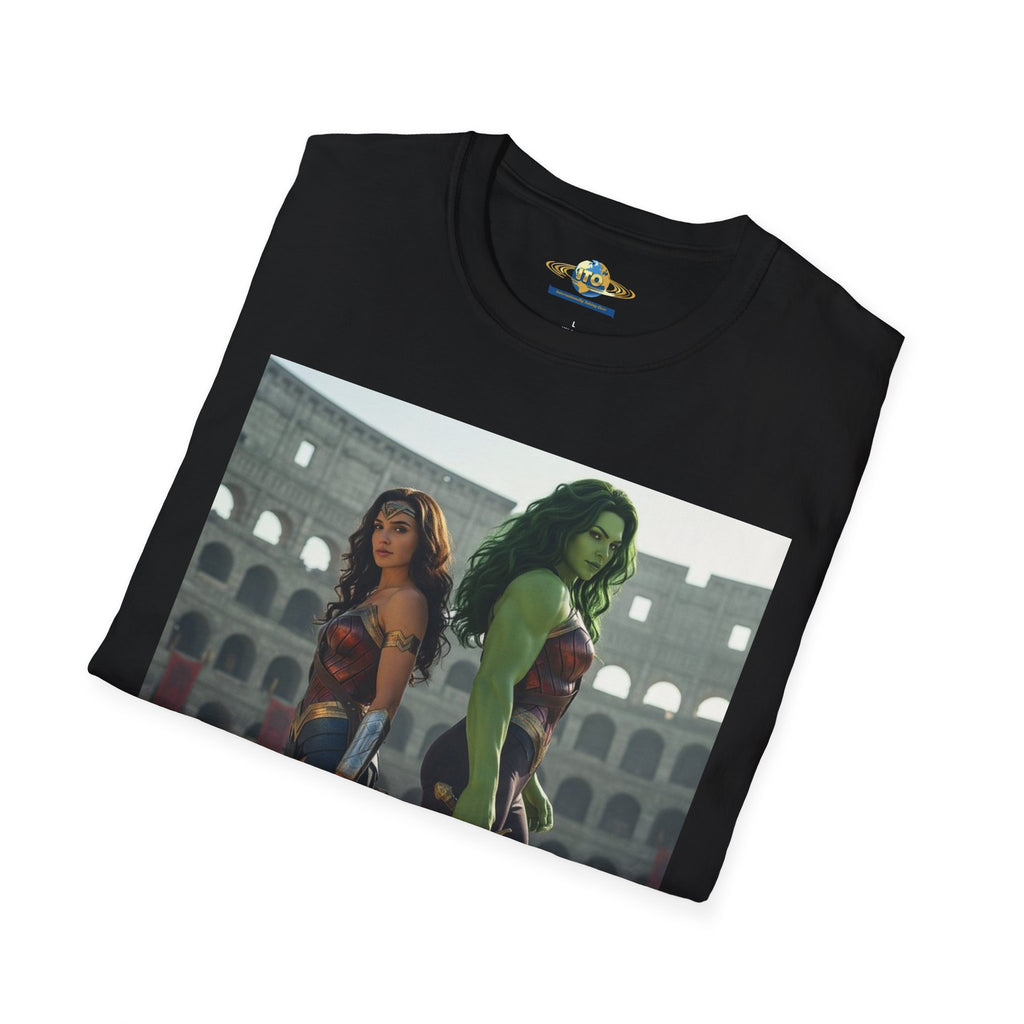 Wonder Warrior Duo T-Shirt — Female Gladiator & Green Hero Graphic Tee