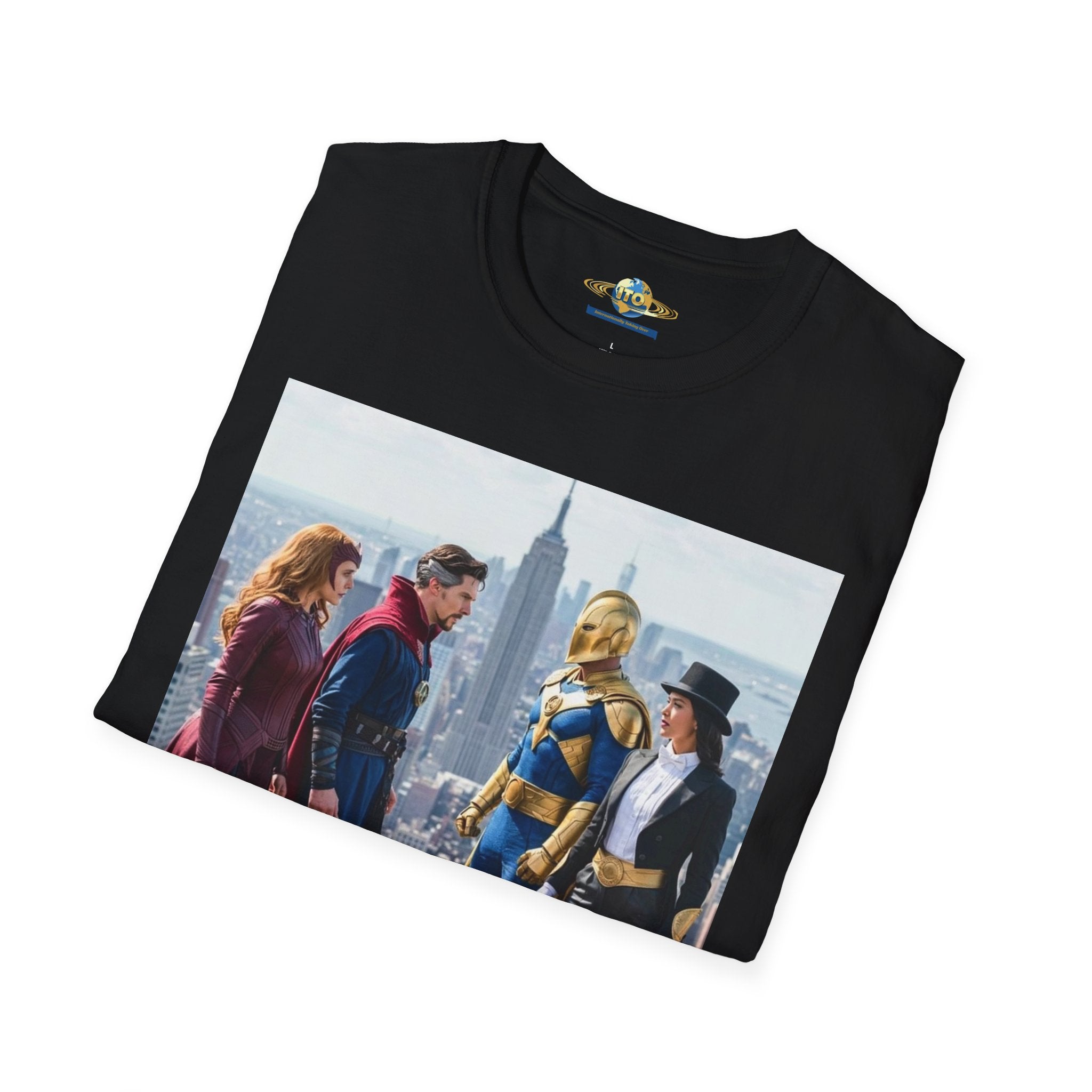 Superhero Team Photo T‑Shirt — Vintage City Rooftop Graphic Tee