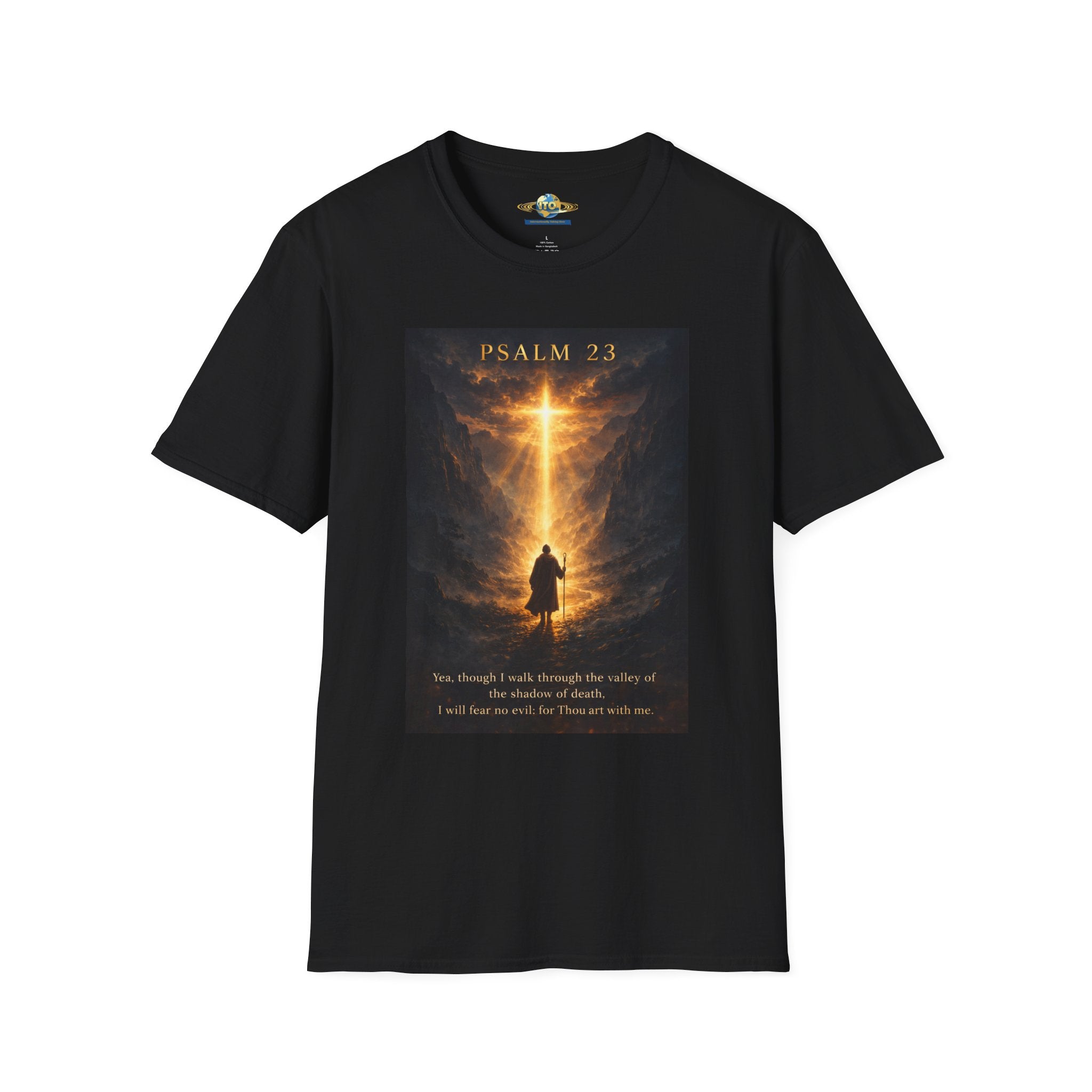 Psalm 23 T-Shirt — Christian Cross & Valley of the Shadow Design